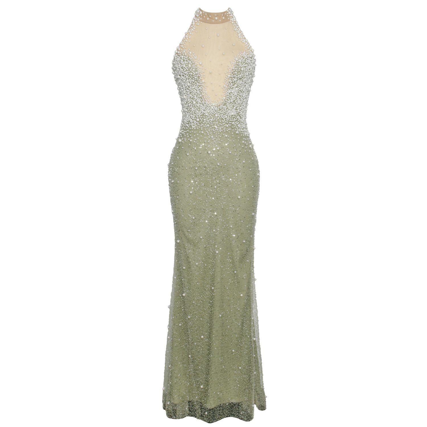 Miss Circle New York Women's Ginny Pear Green Pearl Embellished Backless Gown In Green