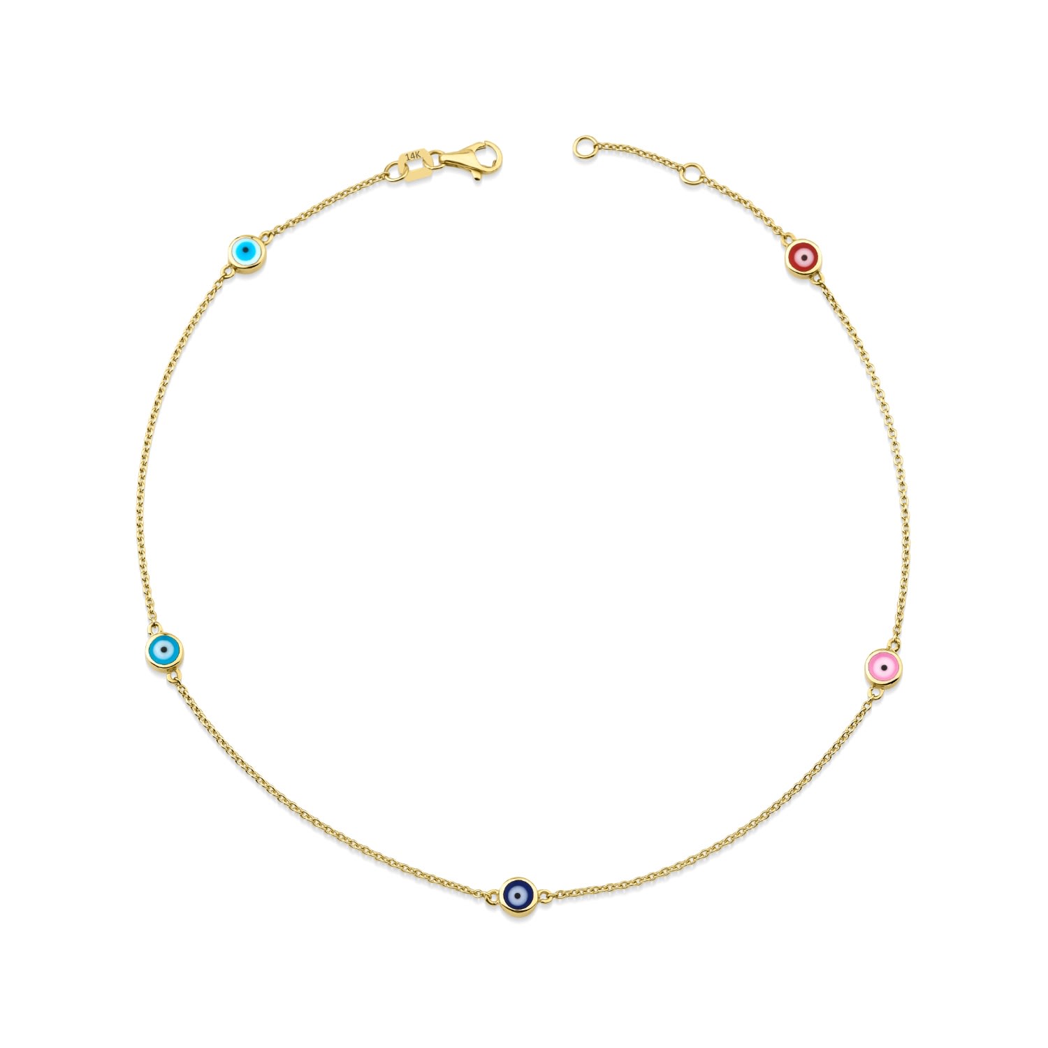 Jewelsty Fine Jewelry Women's Evil Eye Anklet, Multicolor Five Evil Eye Ankle Bracelet, Solid Gold Anklet In Yellow