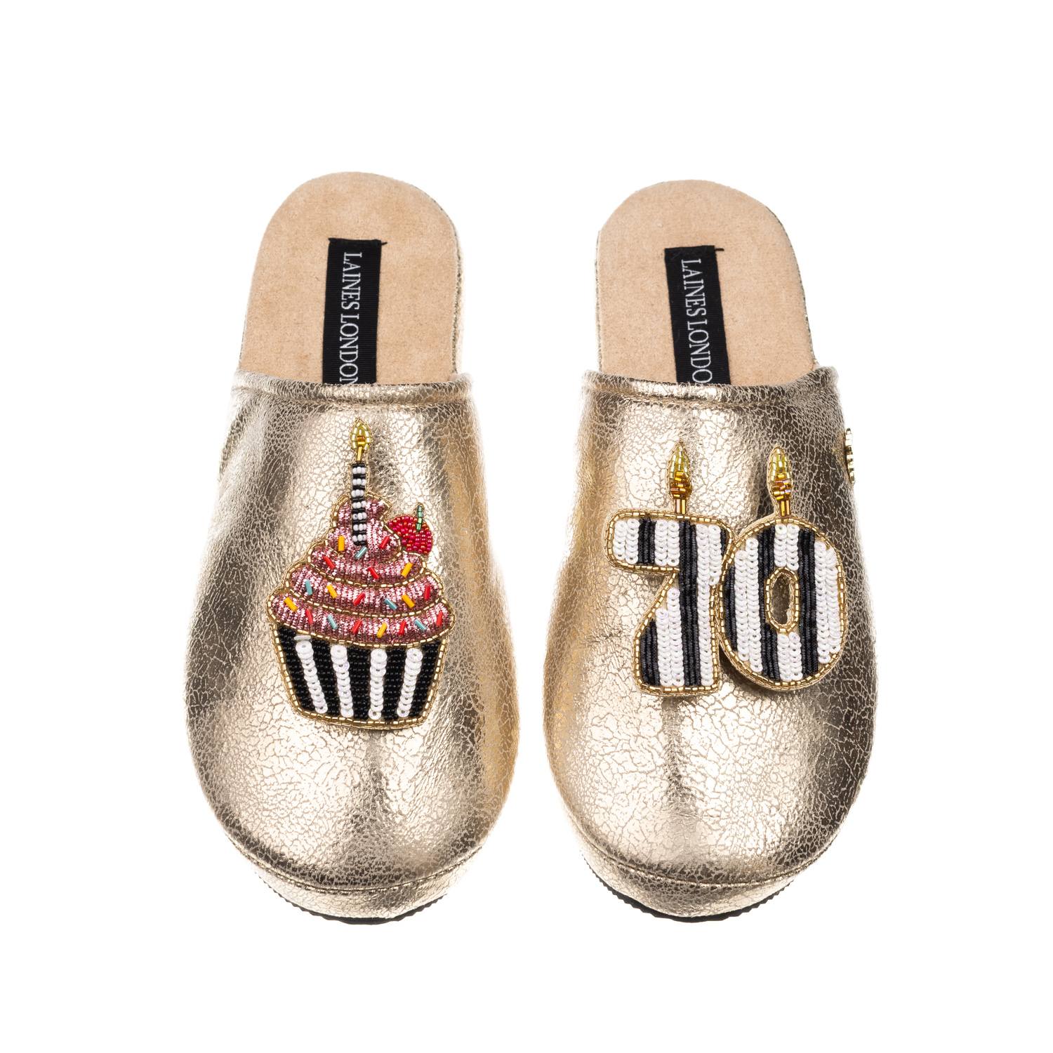 Laines London Women's Laines Gold Softie Slippers With Stripe 70th Birthday & Cake Brooches In Gold