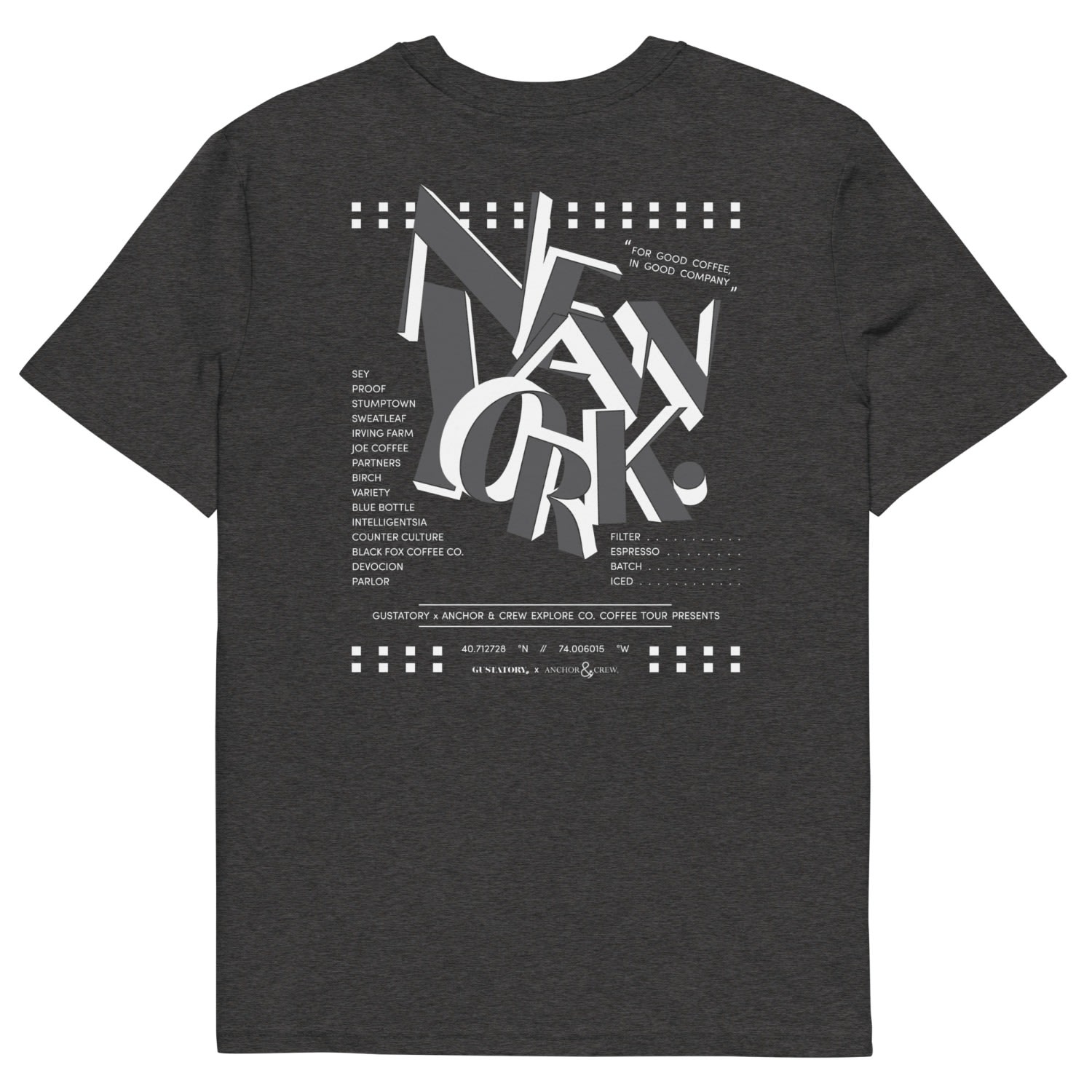 Anchor & Crew Dark Heather Grey Gustatory New York Coffee Scene Organic Cotton Embroidered T-shirt - Women In Grey