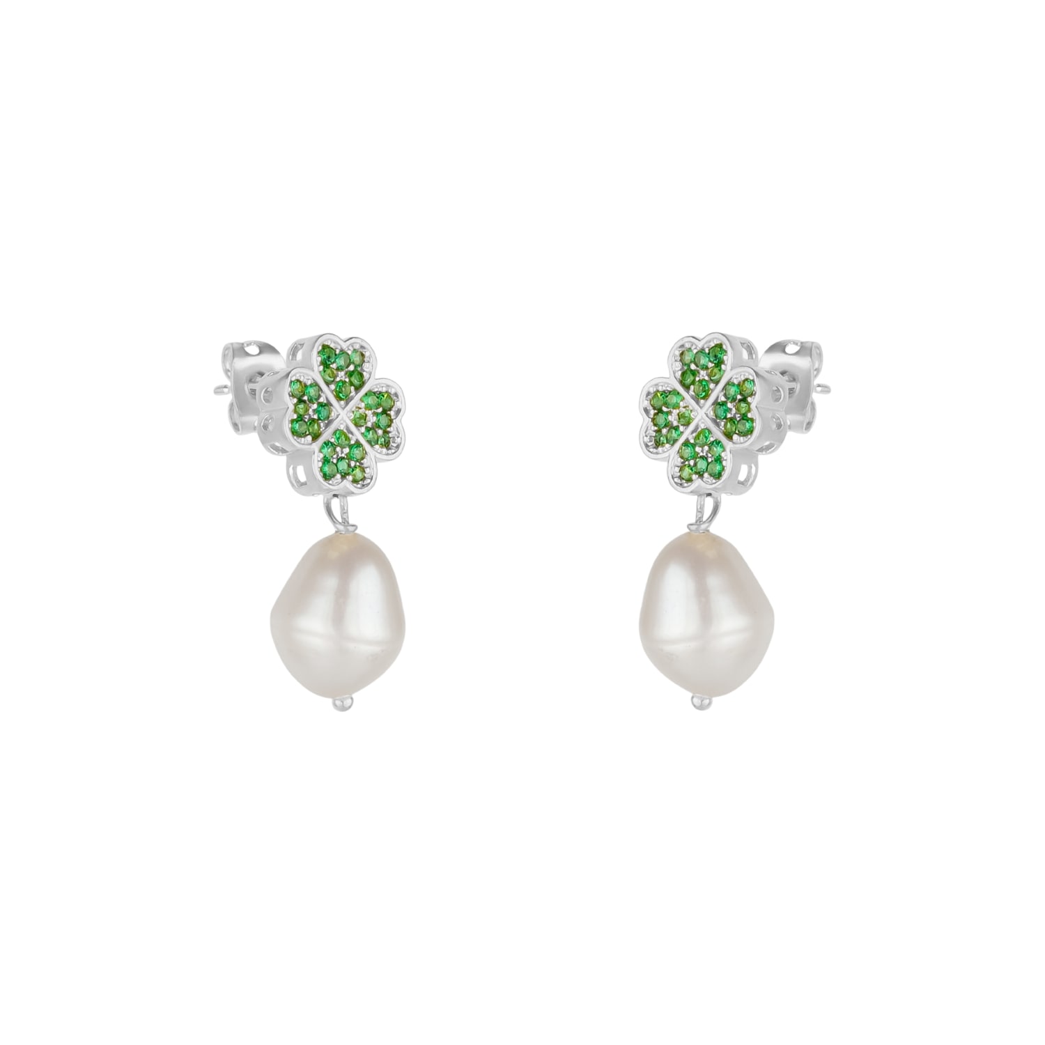Women&rsquo;s Green / Silver Four Leaves Clover Stud Pearl Drop Earring In Silver Green Gemstones | Mejoma