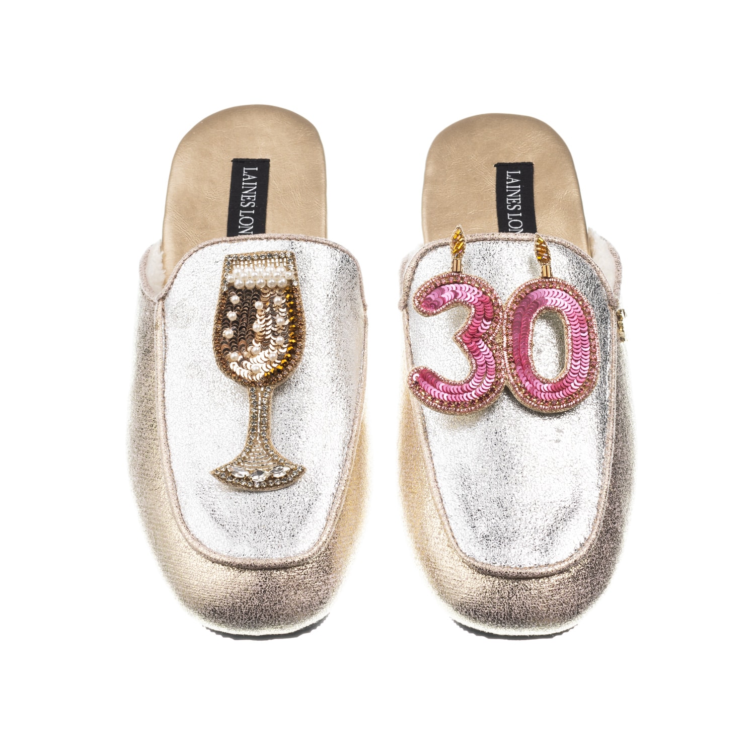 Women’s Gold / Silver Classic Mules With 30Th Birthday & Glass Of Champagne Brooches - Silver & Gold Medium Laines London