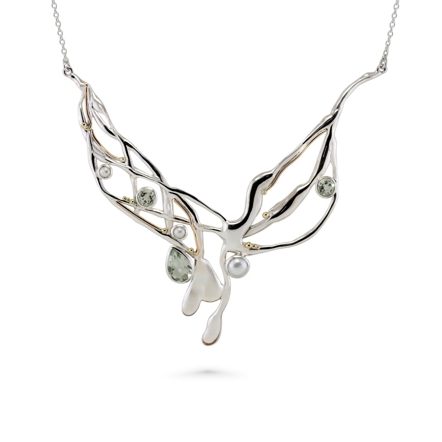 Isla Silver Women's Green / White / Silver Statement Sterling Silver Necklace With Green Amethyst & Pearl