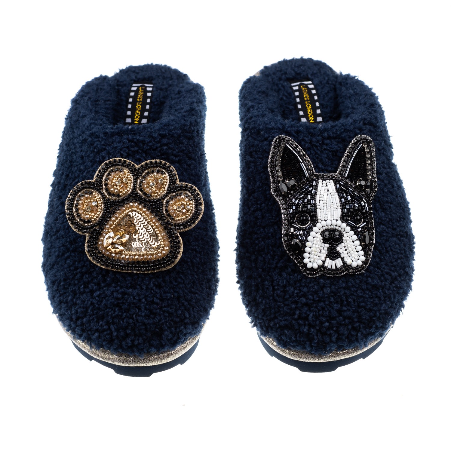 Women’s Blue Towelling Closed Toe Slippers With Buddy Boston Terrier & Paw Brooches - Navy Medium Laines London