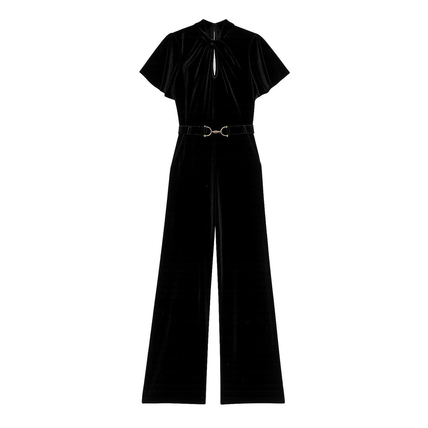 Yumi Women's  Black Velvet Jumpsuit With Twist Neckline And Buckle Belt In Black
