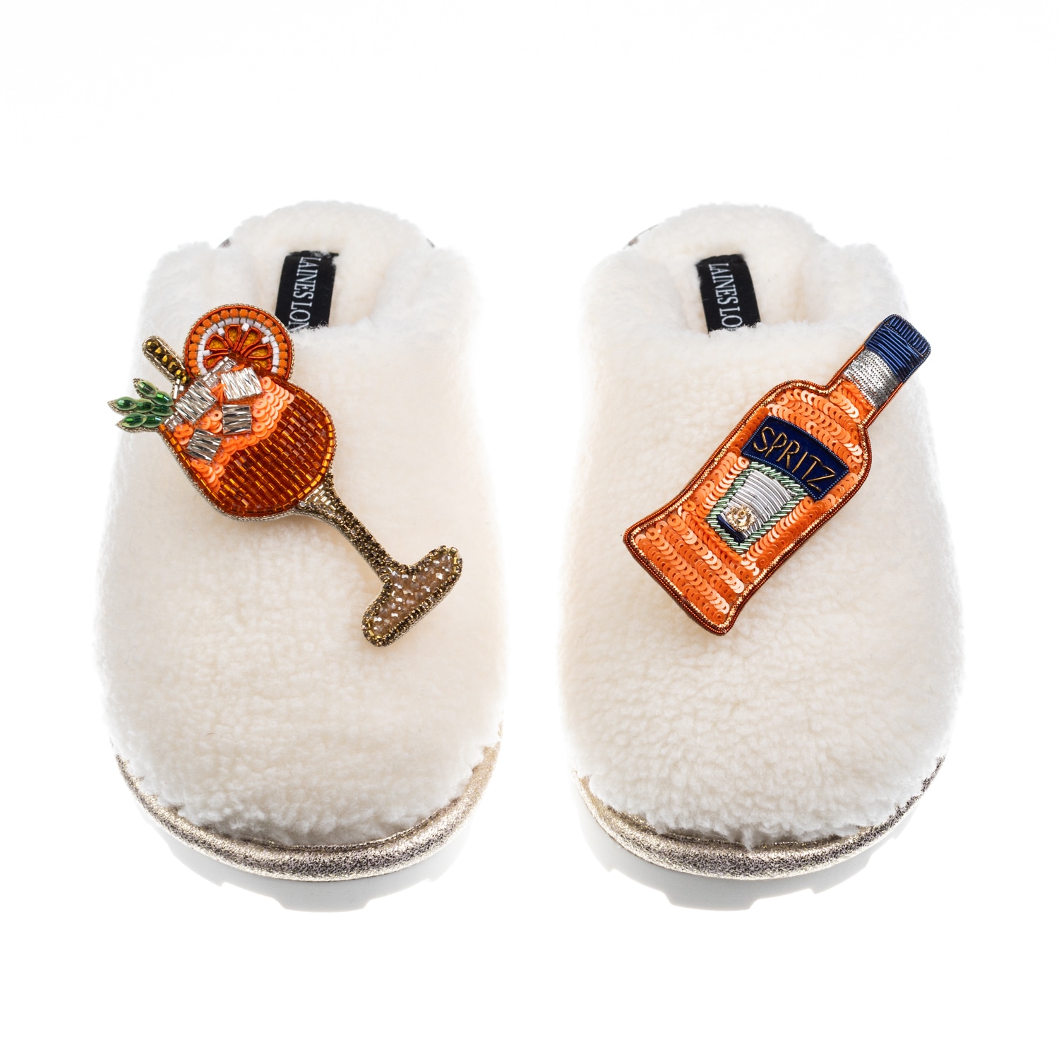Laines London Women's White Teddy Closed Toe Slippers With Summer Spritzer Brooches - Cream In White