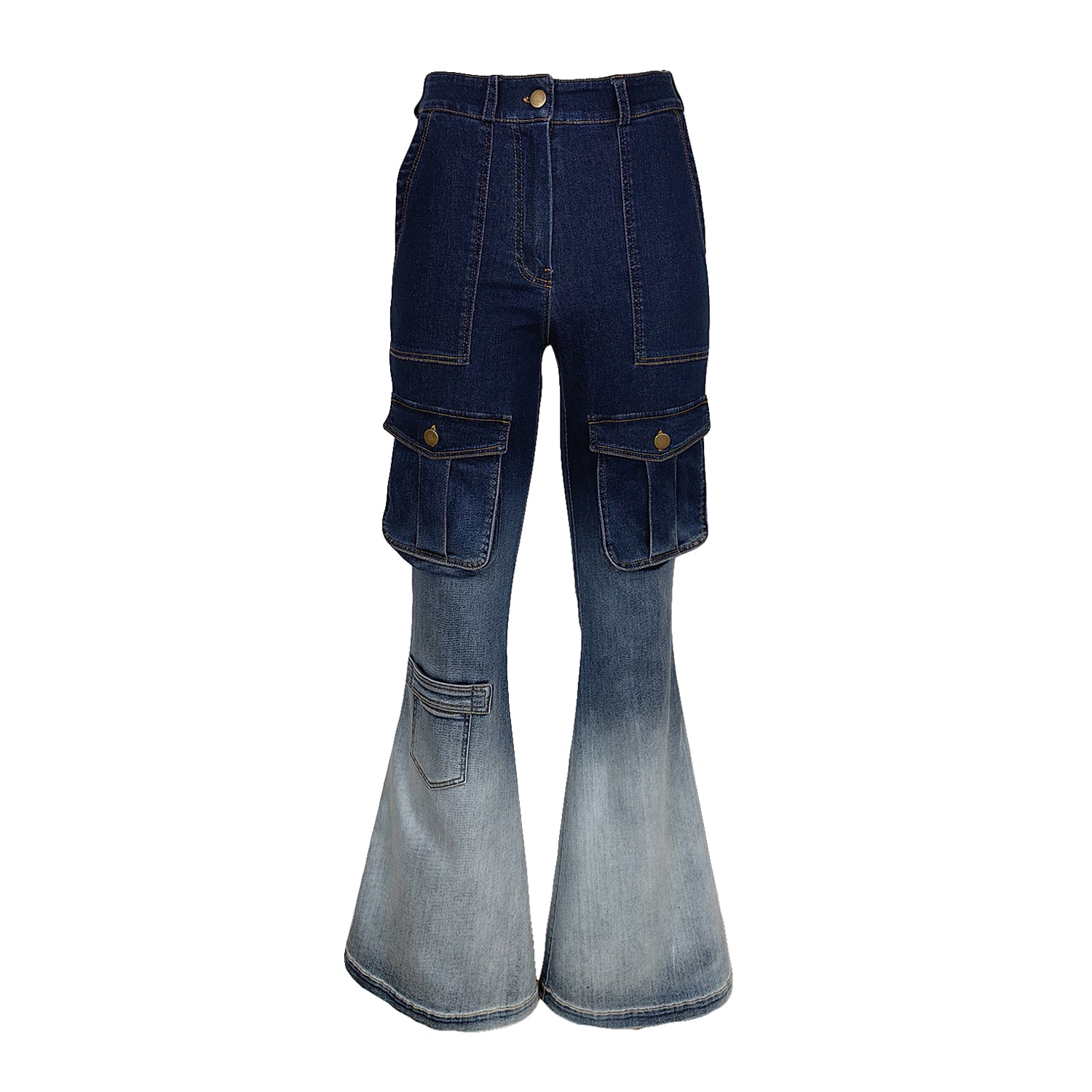 Lalipop Design Blue High Waisted Ombre Effect Flared Cargo Denim Pants In Blue