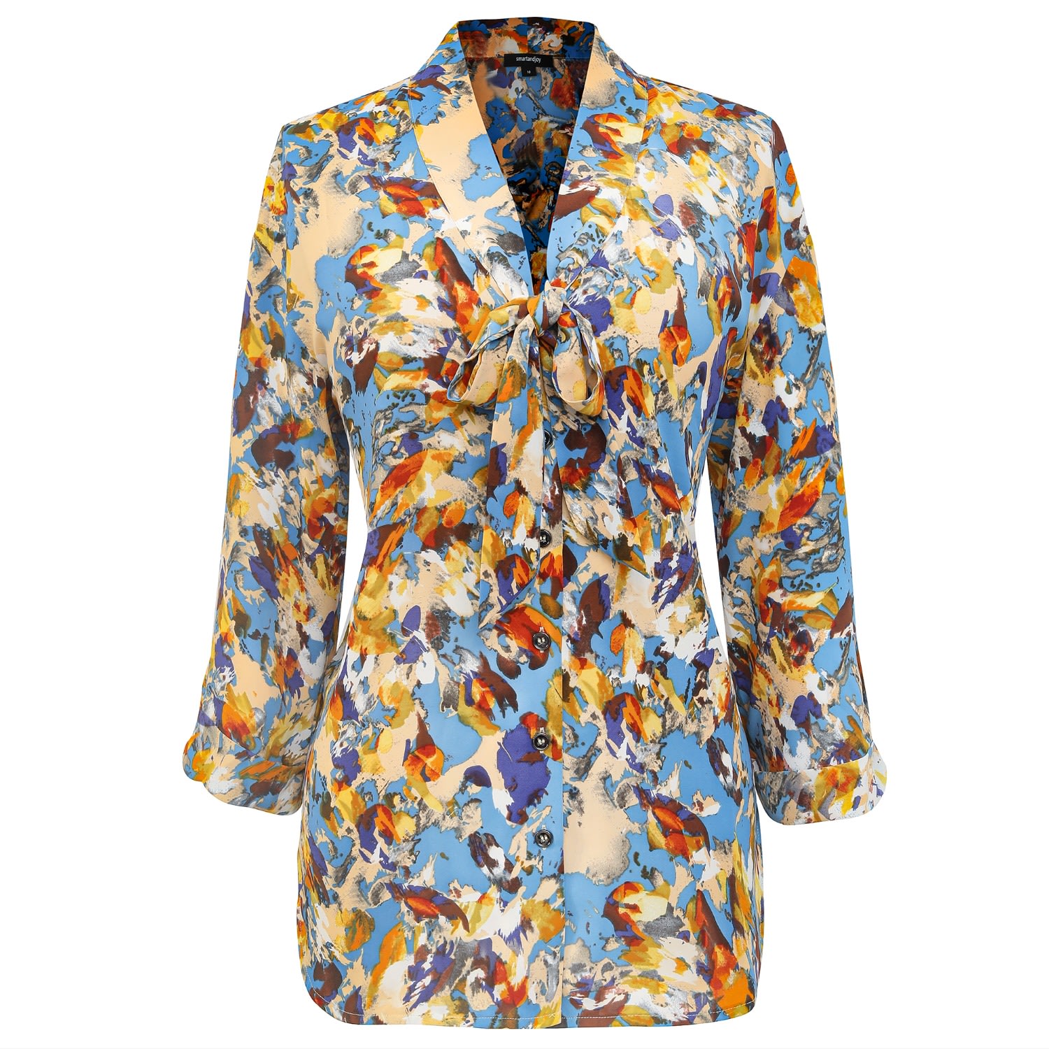 Women’s Ascot-Tie Blouse And Abstract Print -Blue Medium Smart and Joy