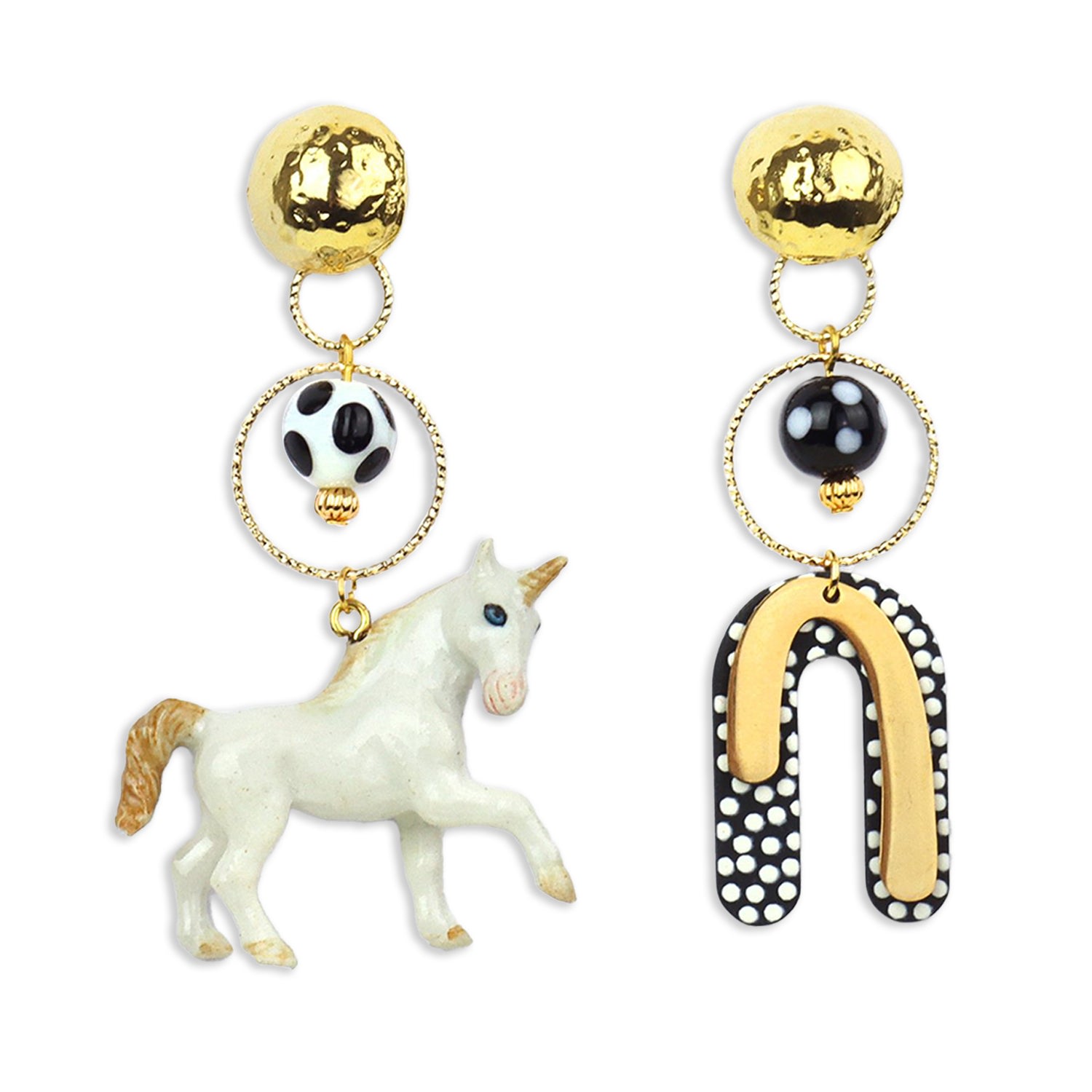 Midnight Foxes Studio Women's White / Gold / Black Unicorn & Polka Dot Arch Gold Earrings In Yellow