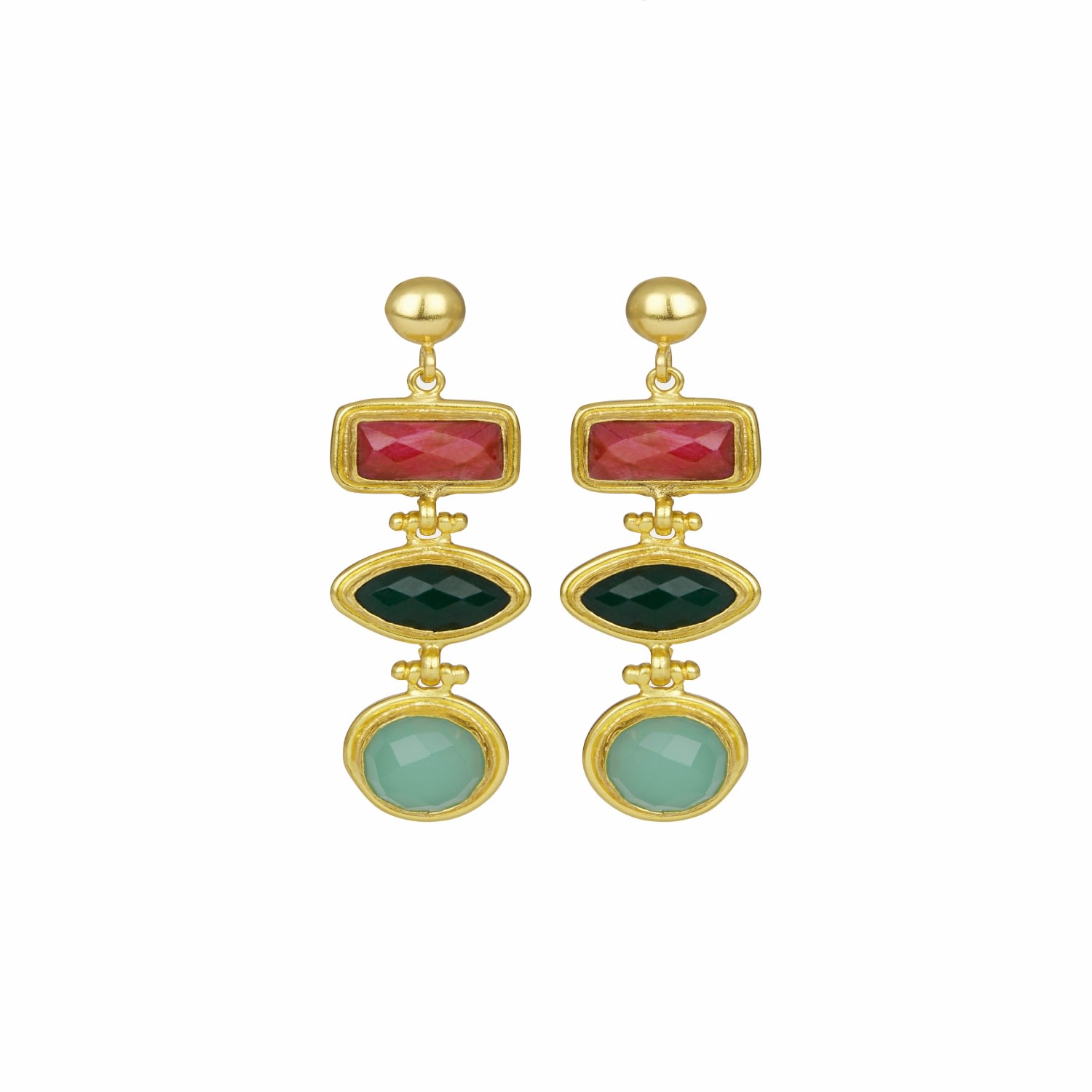 Ottoman Hands Women's Red / Gold Innana Gemstone Drop Earrings With Ruby, Emerald And Aqua Chalcedony