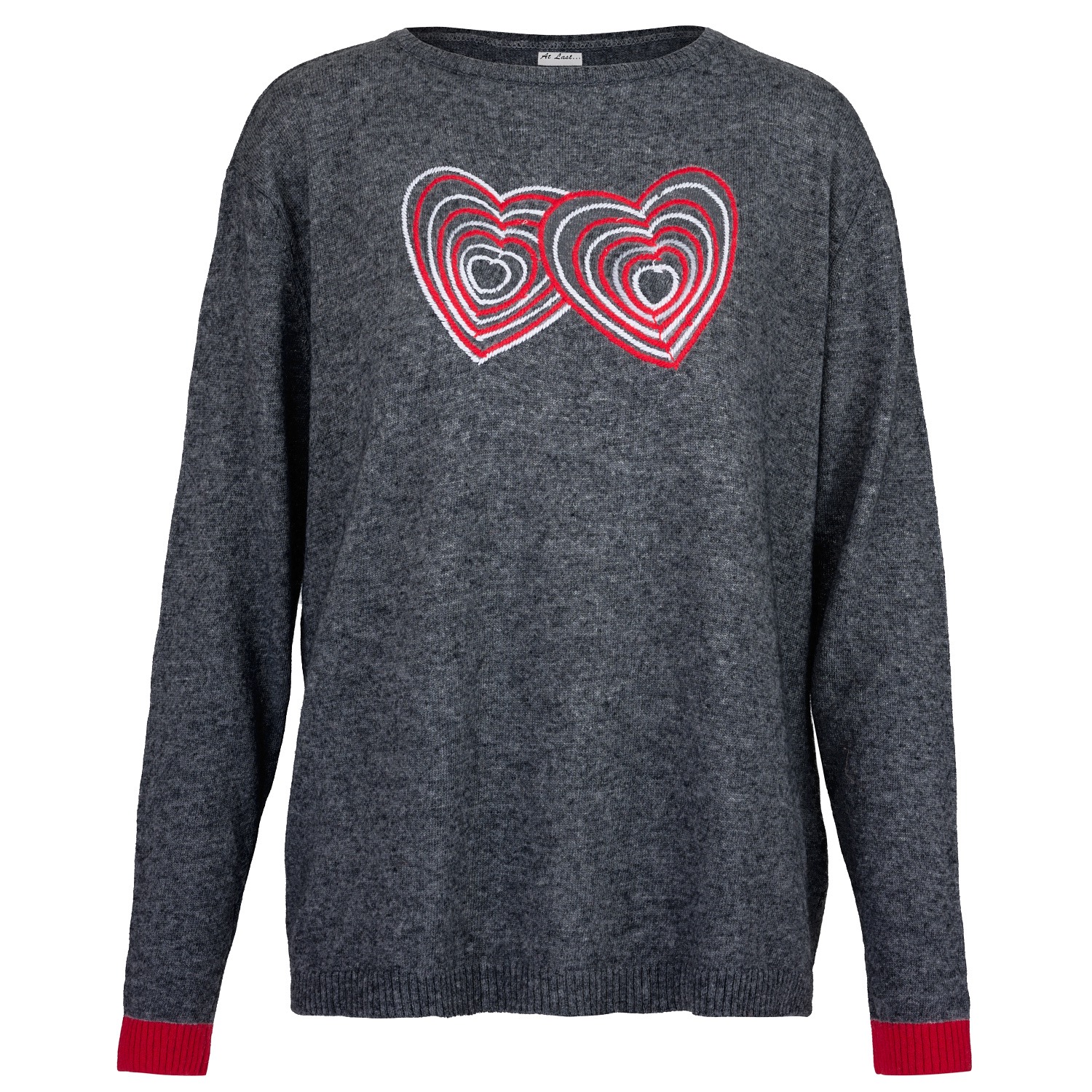 At Last... Women's Cashmere Mix Sweater In Charcoal Grey With Hearts In Grey
