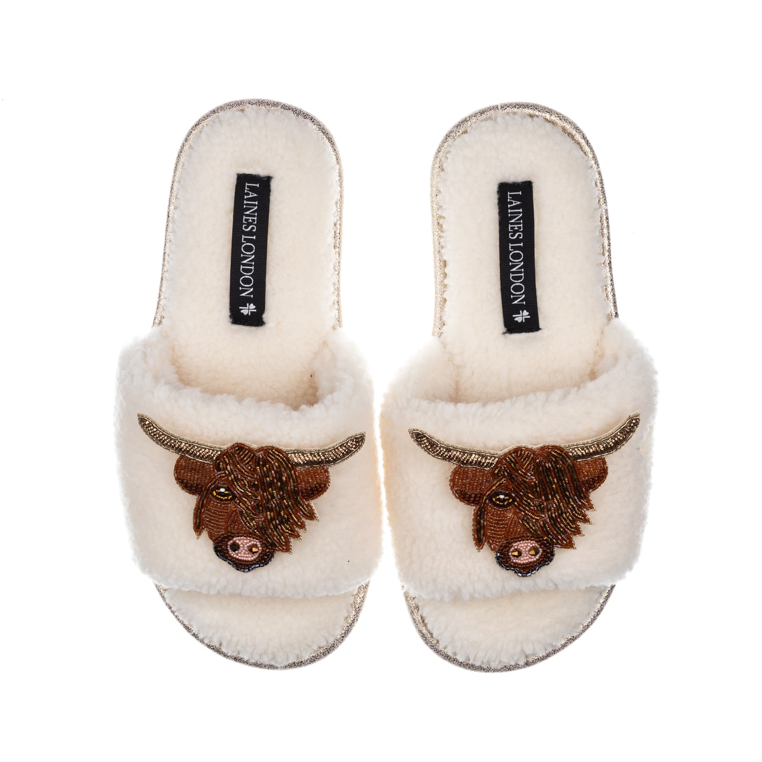 Laines London Women's White Teddy Toweling Slipper Sliders With Double Highland Cow Brooches - Cream In White