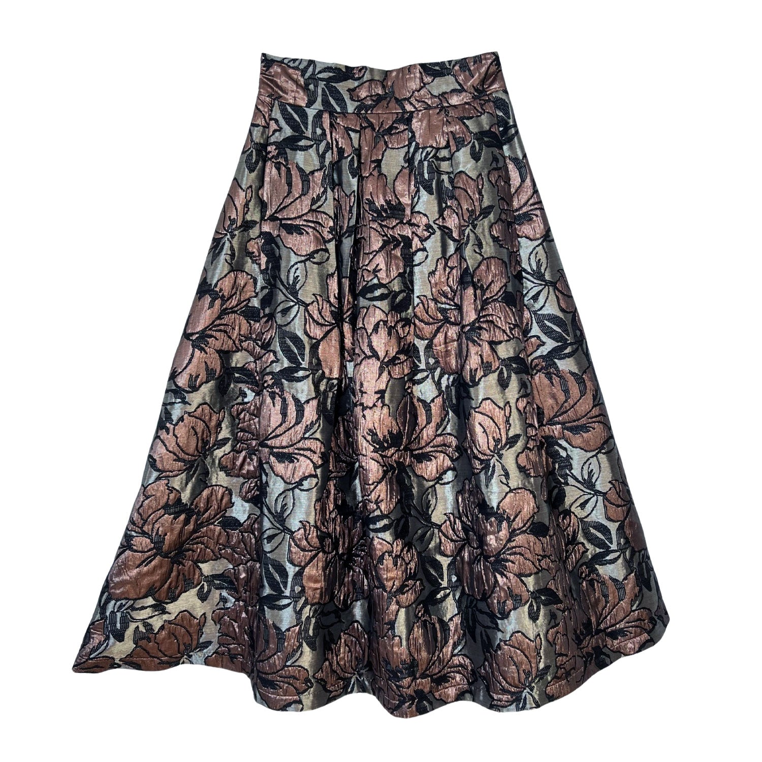 Women’s Black / Rose Gold Floral Brocade Midi Skirt In Bronze & Black Medium L2R the Label