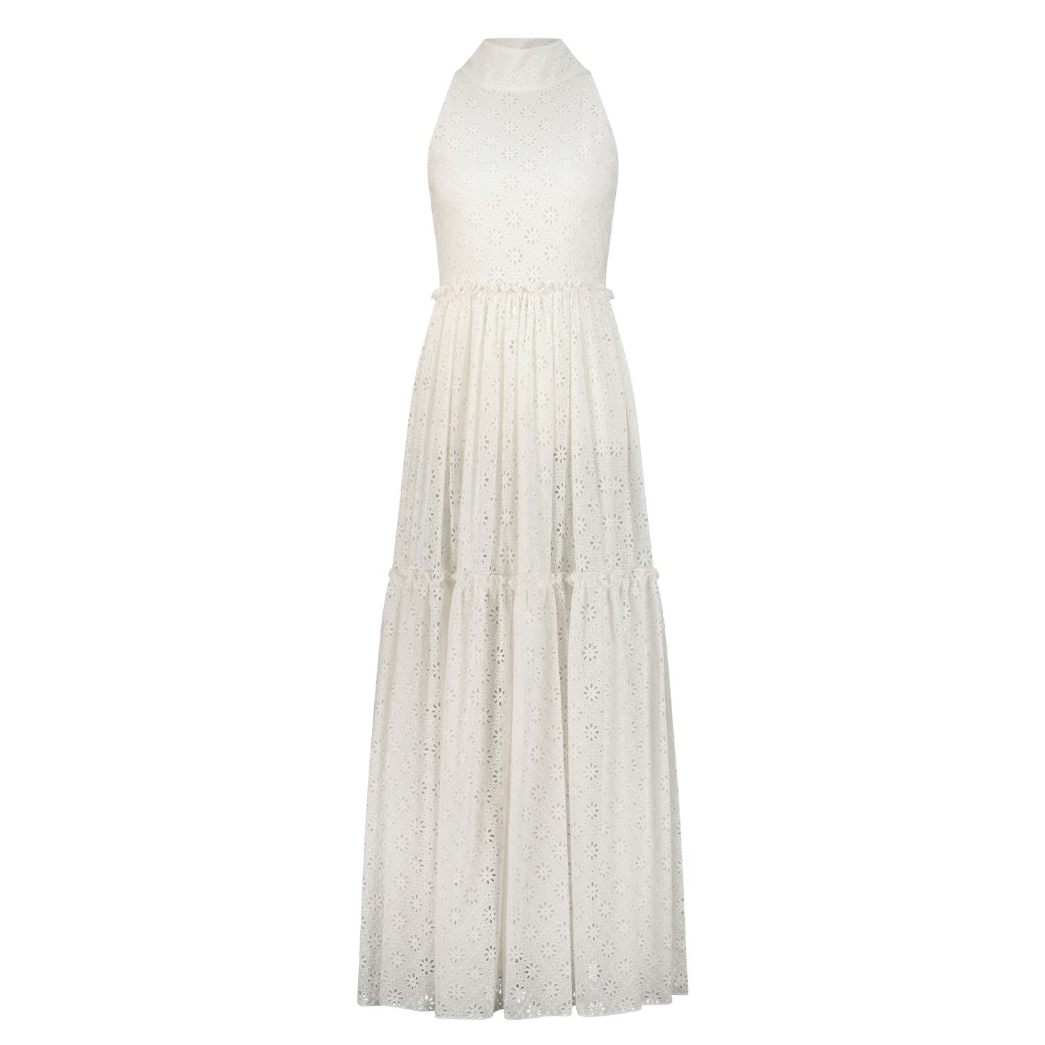 Women’s Fleuri Eyelet High Neck Dress With Back Neck Tie- White Large Azzalia