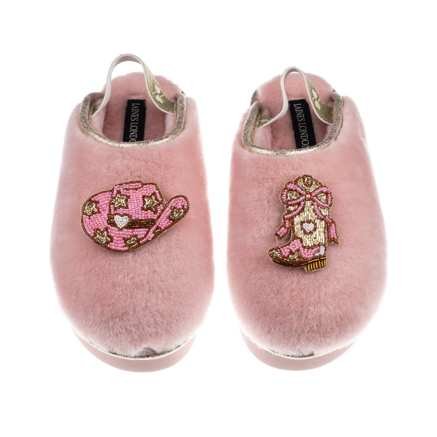 Laines London Women's Gold / Pink Flatform Cloud Slippers With Cowgirl Hat & Cowgirl Boots Brooches - Dusky Pink In Pink