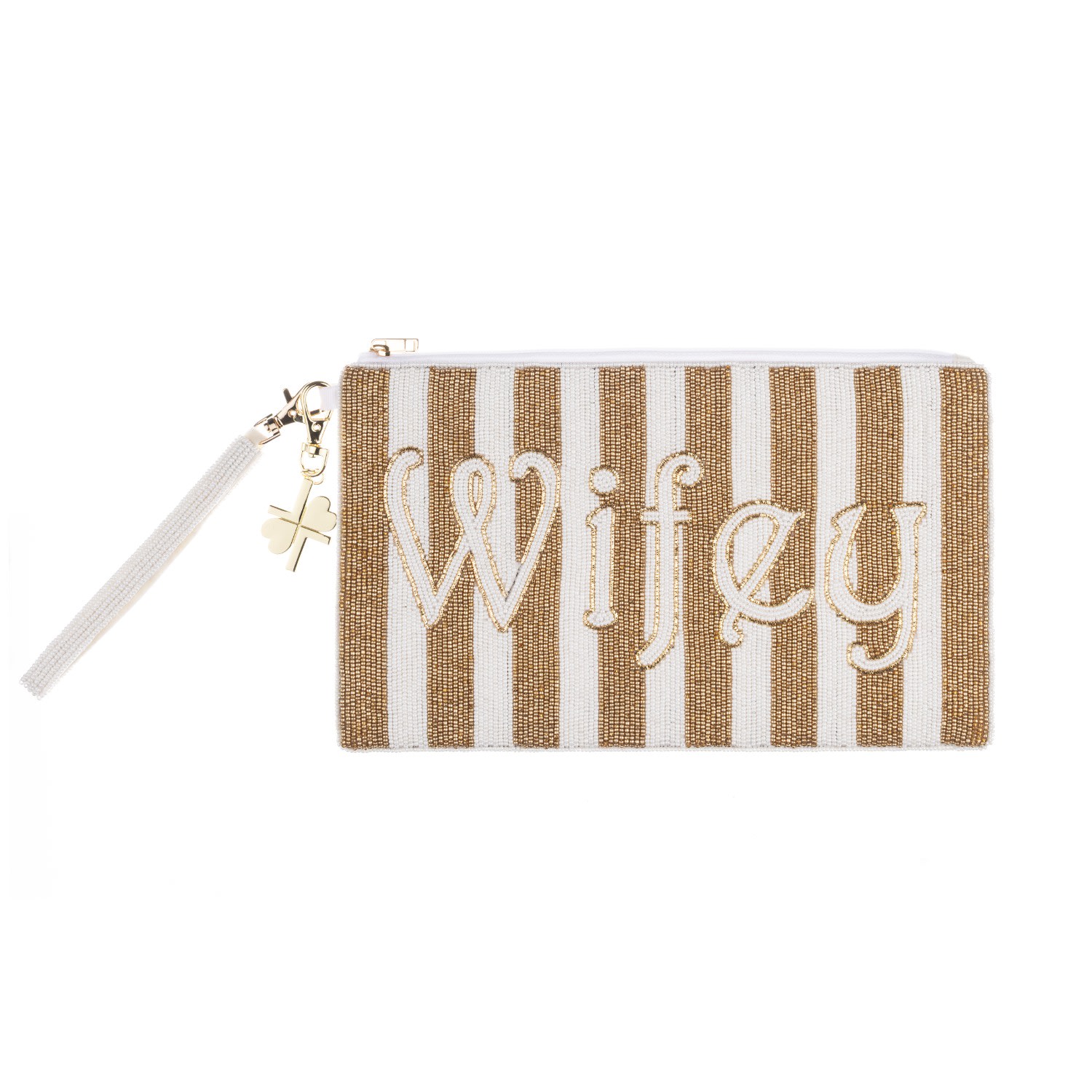 Laines London Women's Neutrals / Gold  Wedding Edit Gold & Cream Wifey Hand Beaded Clutch In Gold