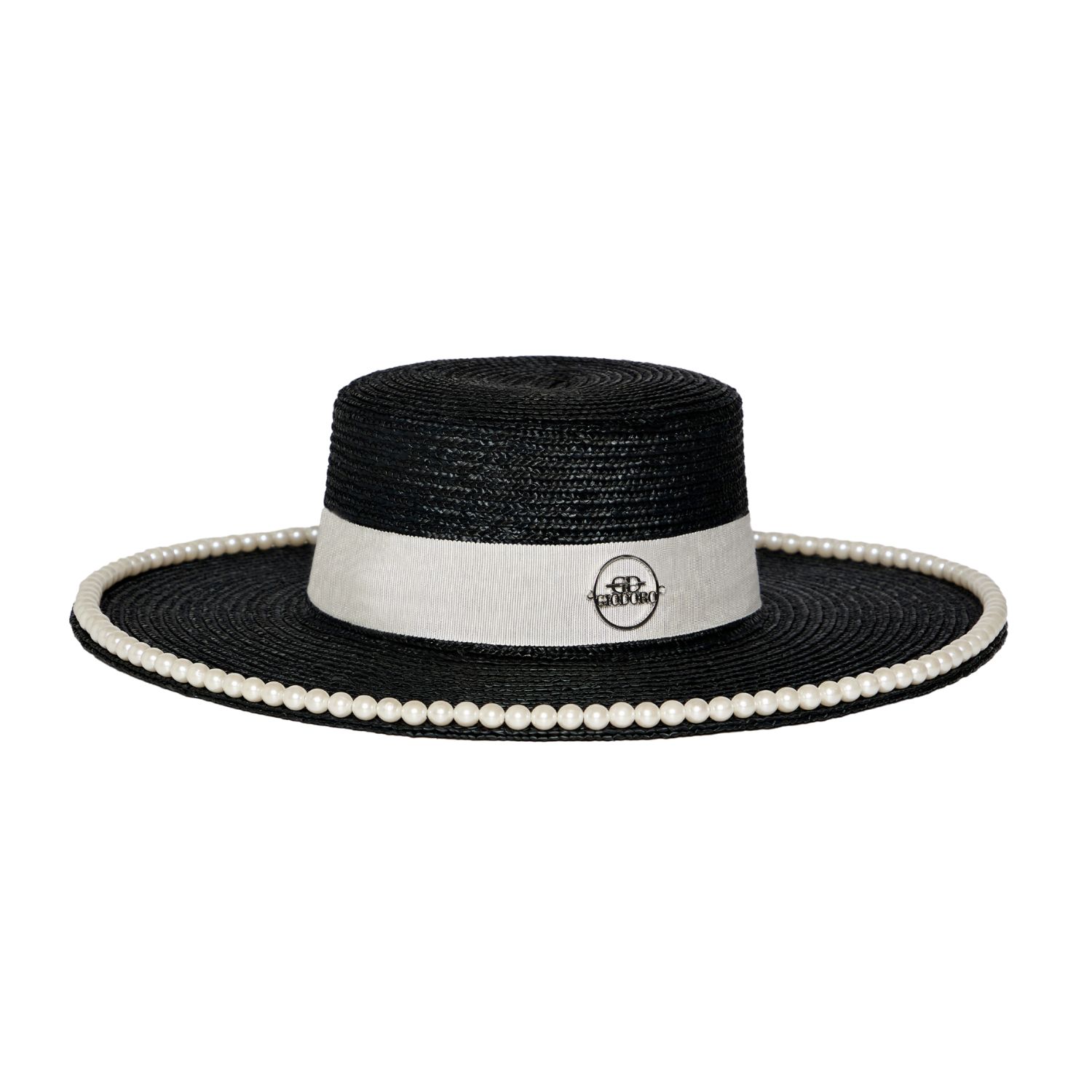 Giodoro Women's Black / White Ixonio Iconic Black Canotier Straw Pearl Hat