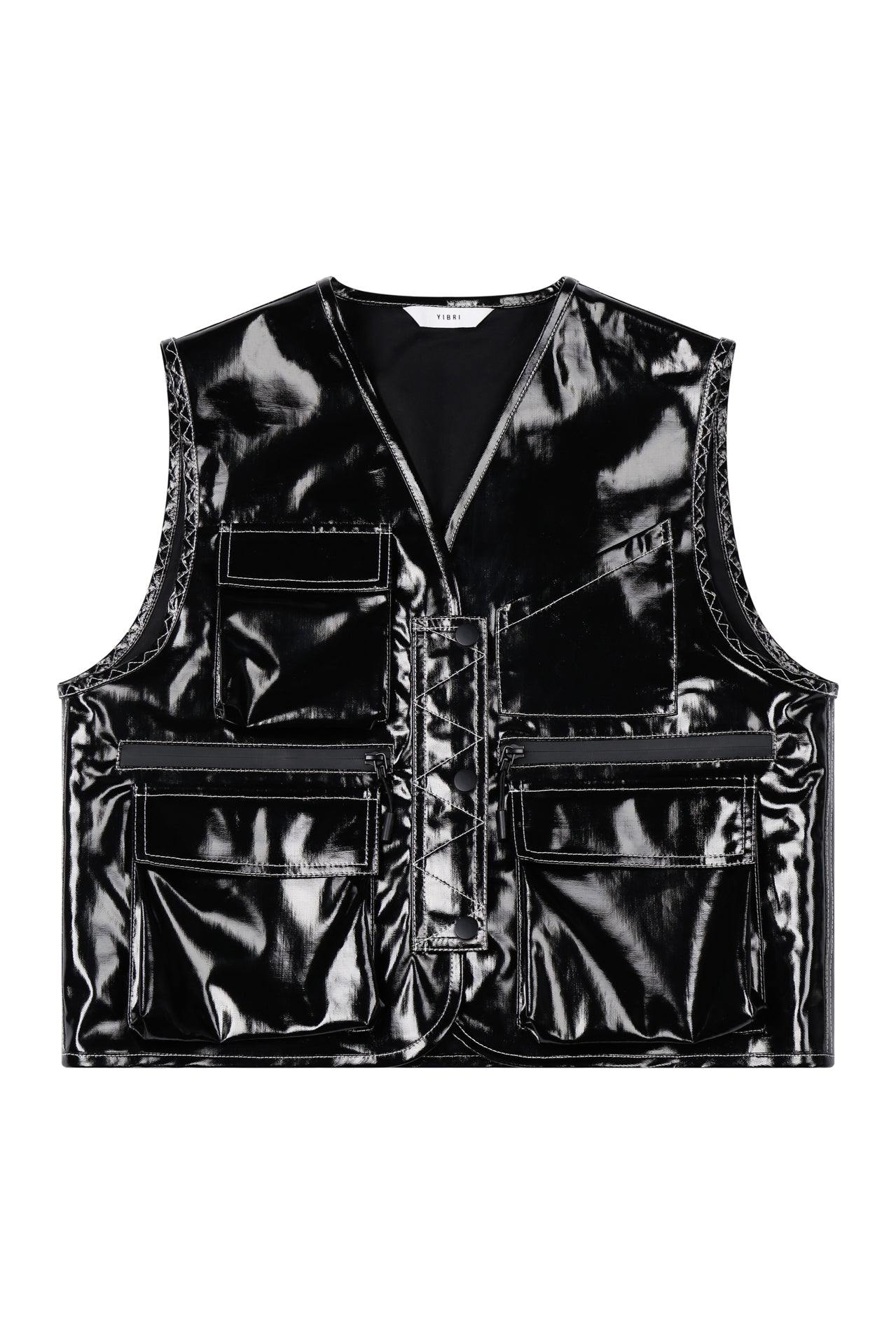 Yibri Women's Black Glossy Linen Coated Utility Vest