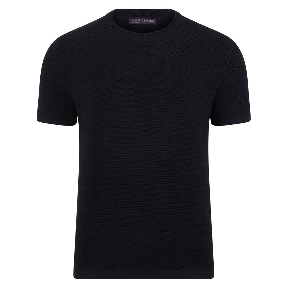 Mens Heavyweight Rossi Cotton Knitted Textured T-Shirt - Black Medium Paul James Knitwear