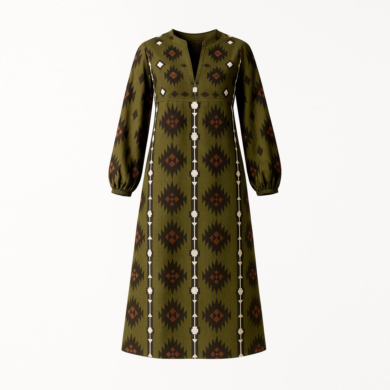 Tantra Spain Sl Women's Green Midi Dress With Ethnic Print, Tunic Style, And V-neck In Animal Print