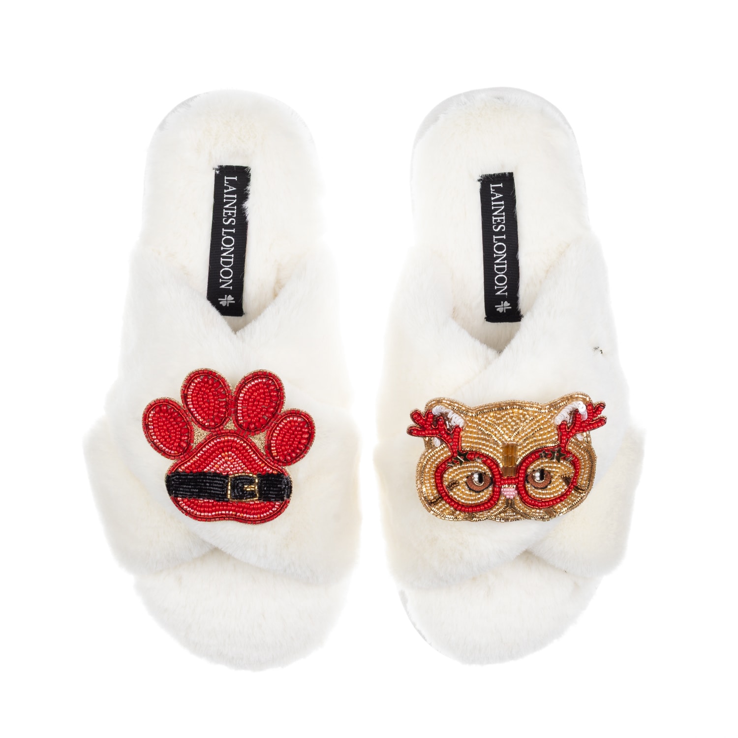 Laines London Women's Neutrals / White Classic Slippers With Christmas Golden British Shorthair Cat & Paw Brooches In White