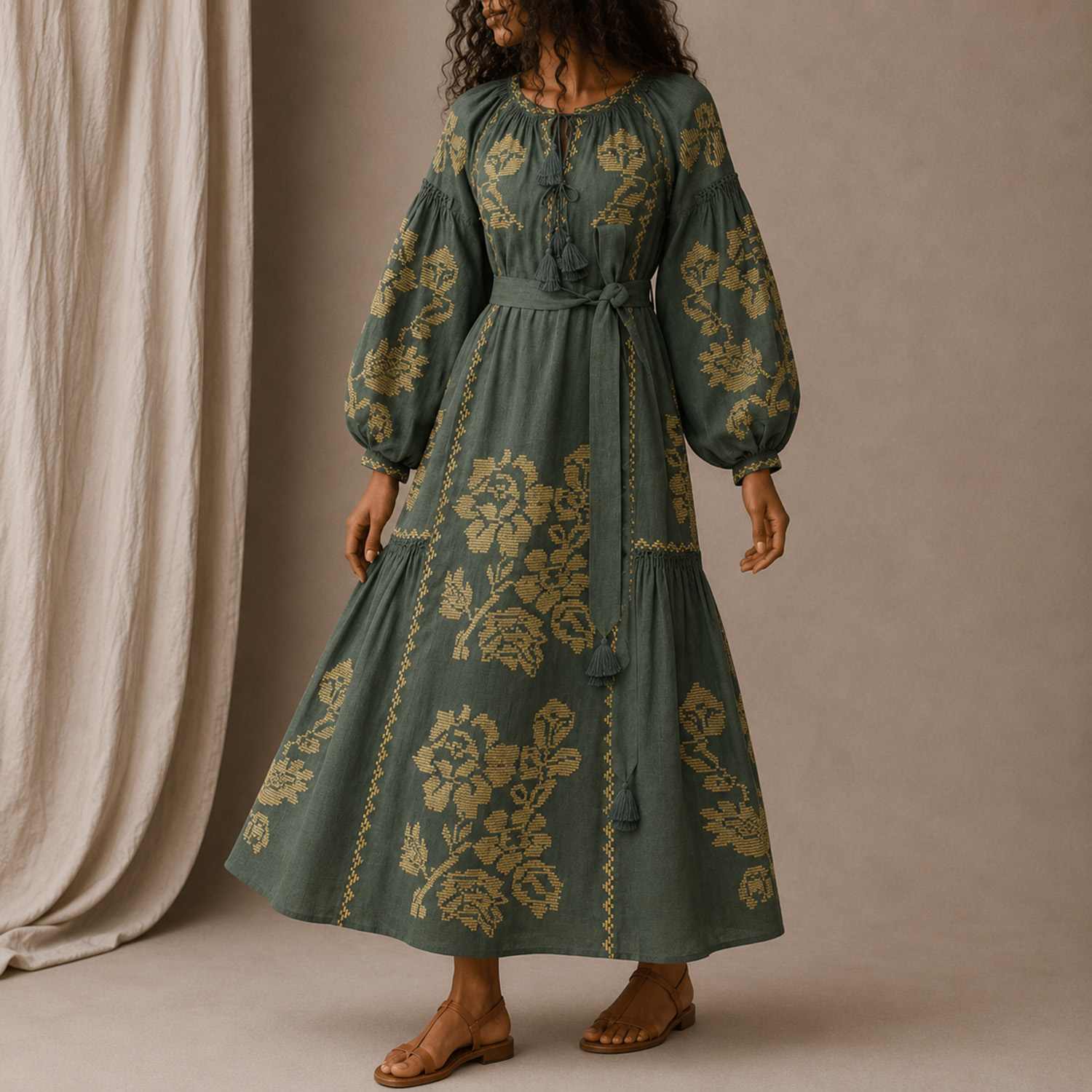 Elysian Garden Green Linen Midi Dress | ANNABO | Wolf & Badger