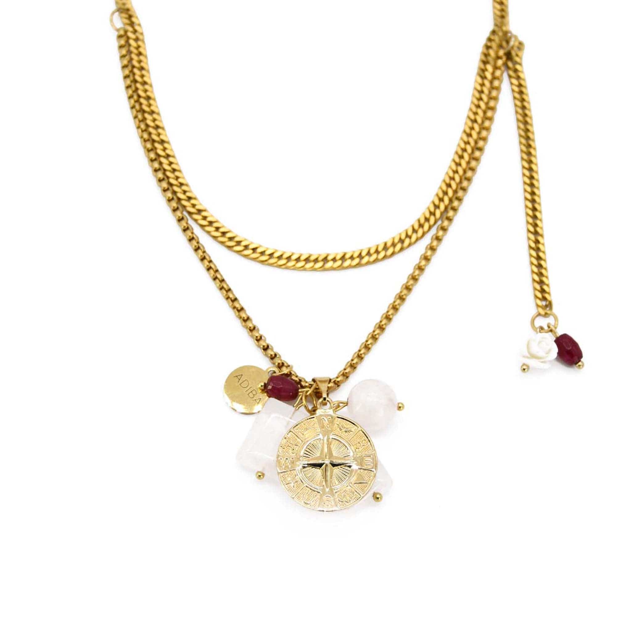 Women’s Gold Rose Quartz Compass Handmade Necklace Adiba