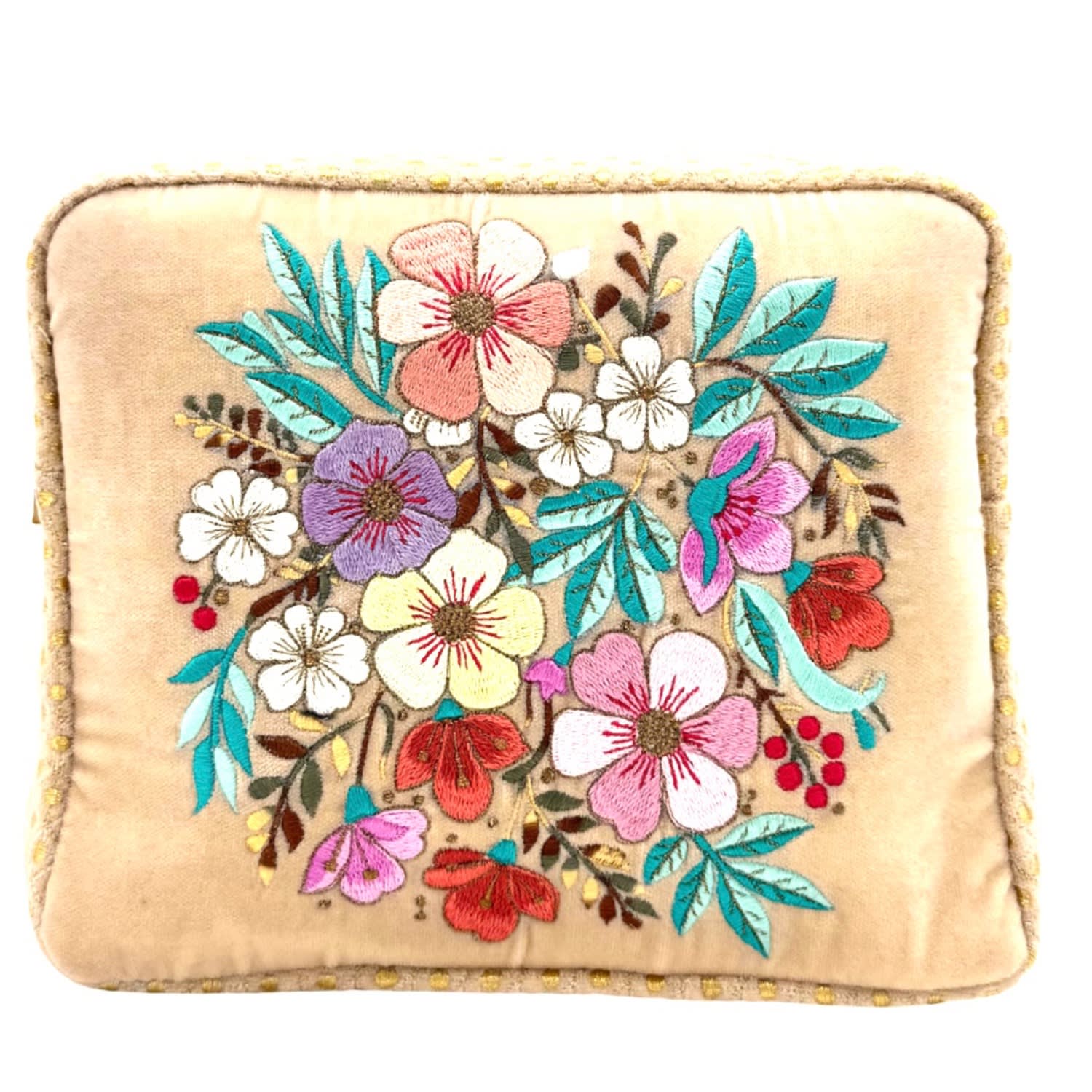 Aeka Boho Woman Women's Neutrals The Olivia Luxe Pouch - Butter Cream - Quilted Embroidered Velvet Pouch