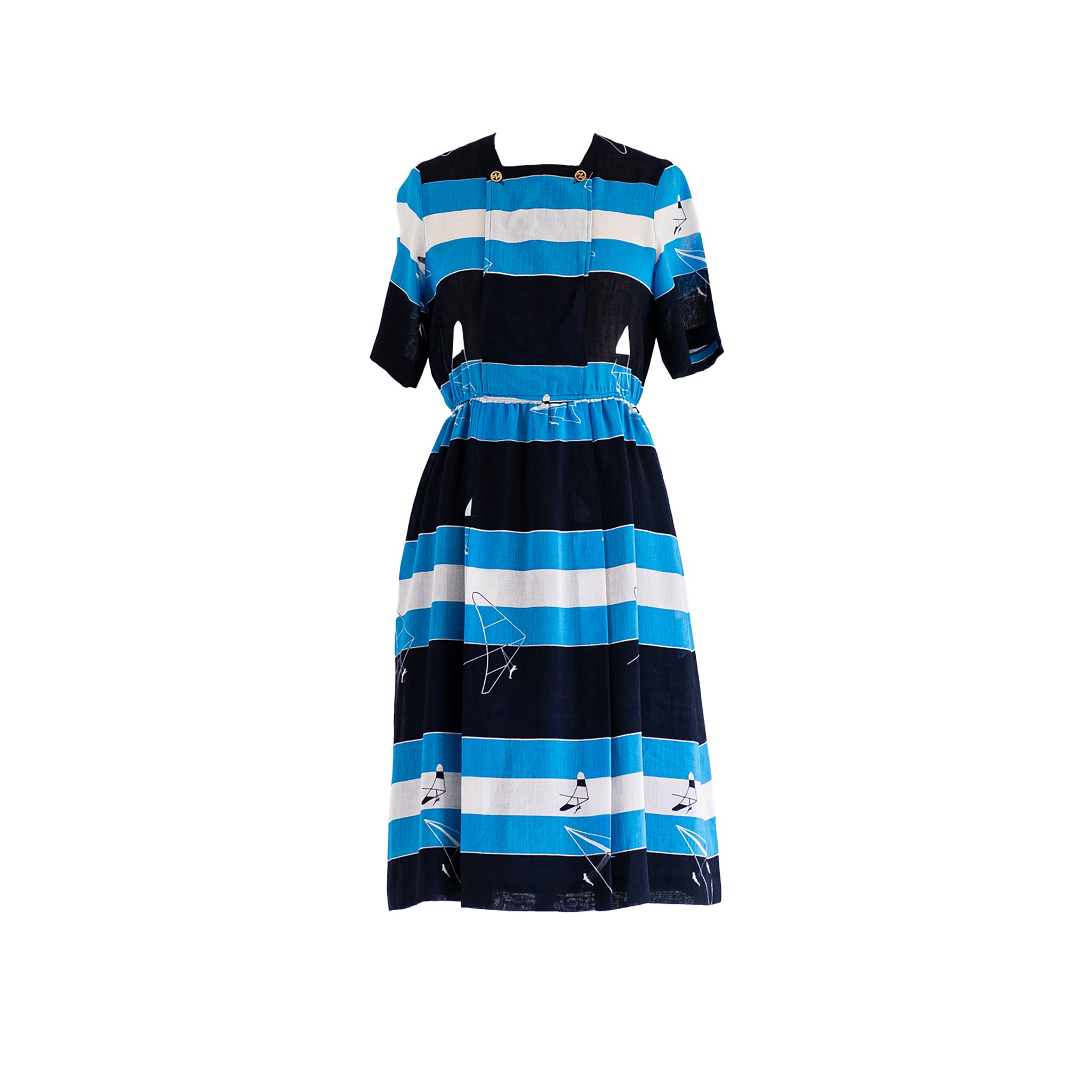 Sugar Cream Vintage Women's Blue Vintage Polyester Square Neck Stripe Print Midi Dress In Blue
