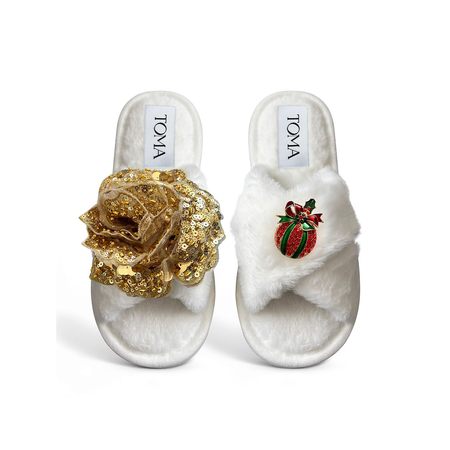 Toma Women's White Classic  Open Toe Gold Sequin Flower And Christmas Bauble Slippers In Multi