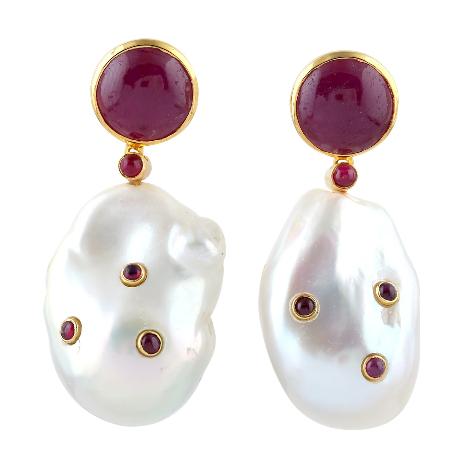 Women’s Red / White Natural Pearl Ruby Dangle Earrings 18K Yellow Gold Gemstone Artisan