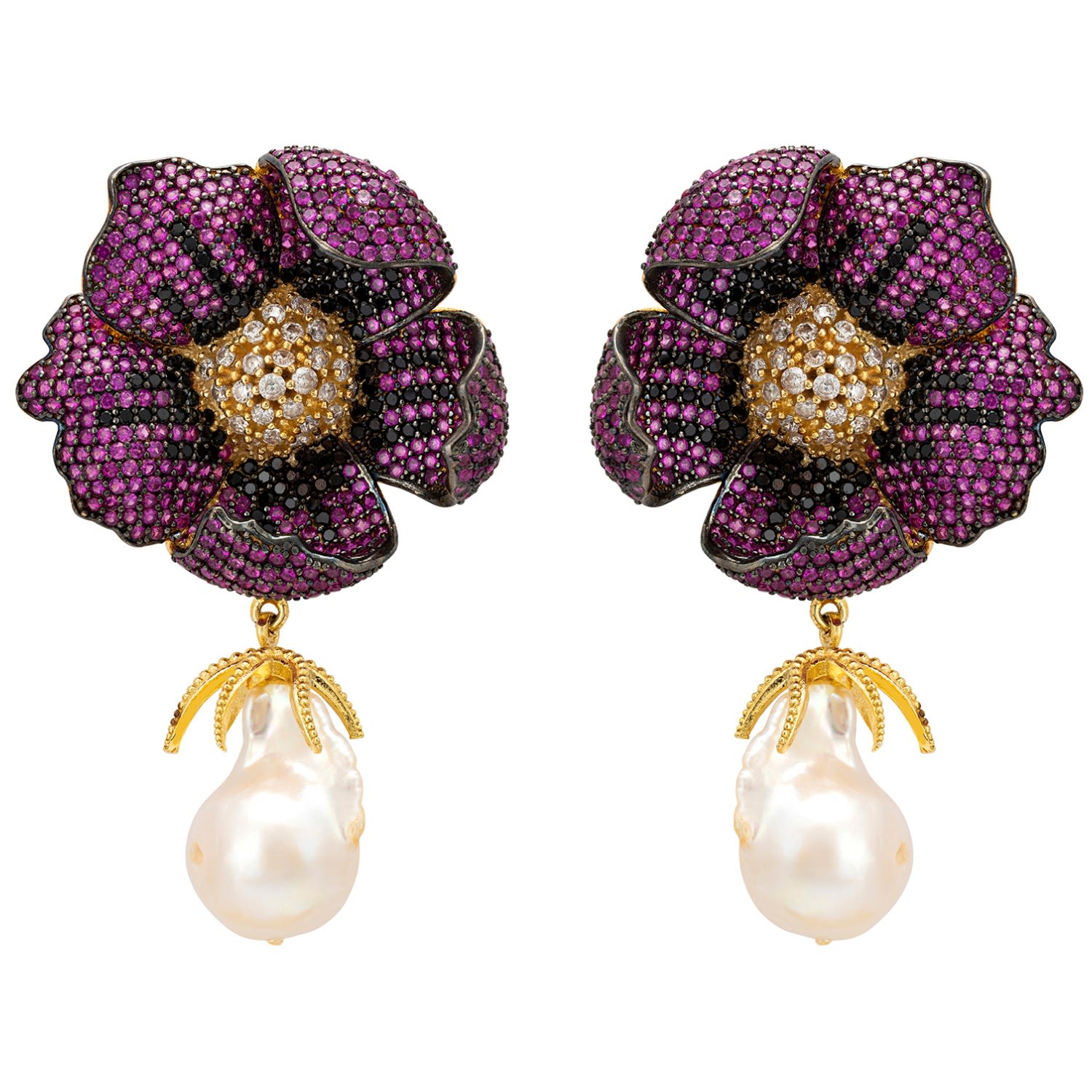 Women’s Black / Pink / Purple Poppy Flower Baroque Pearl Earrings Ruby Red Gold Latelita