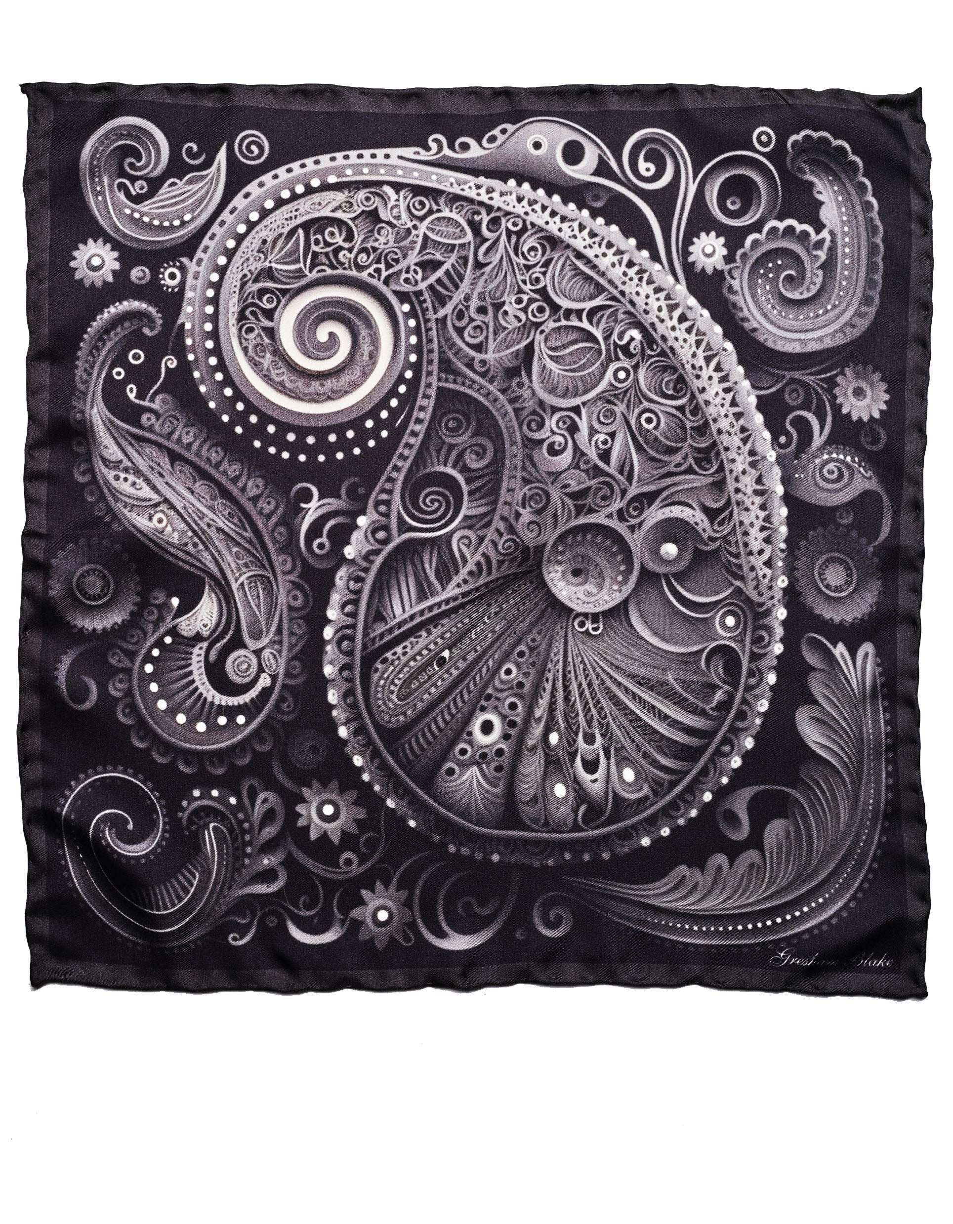 Gresham Blake Men's Black / White / Grey Black Modern Paisley Silk Pocket Square In Multi