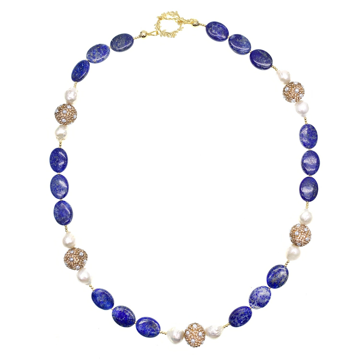 Women’s White / Blue Lapis With Freshwater Pearl With Rhinestone Necklace Farra