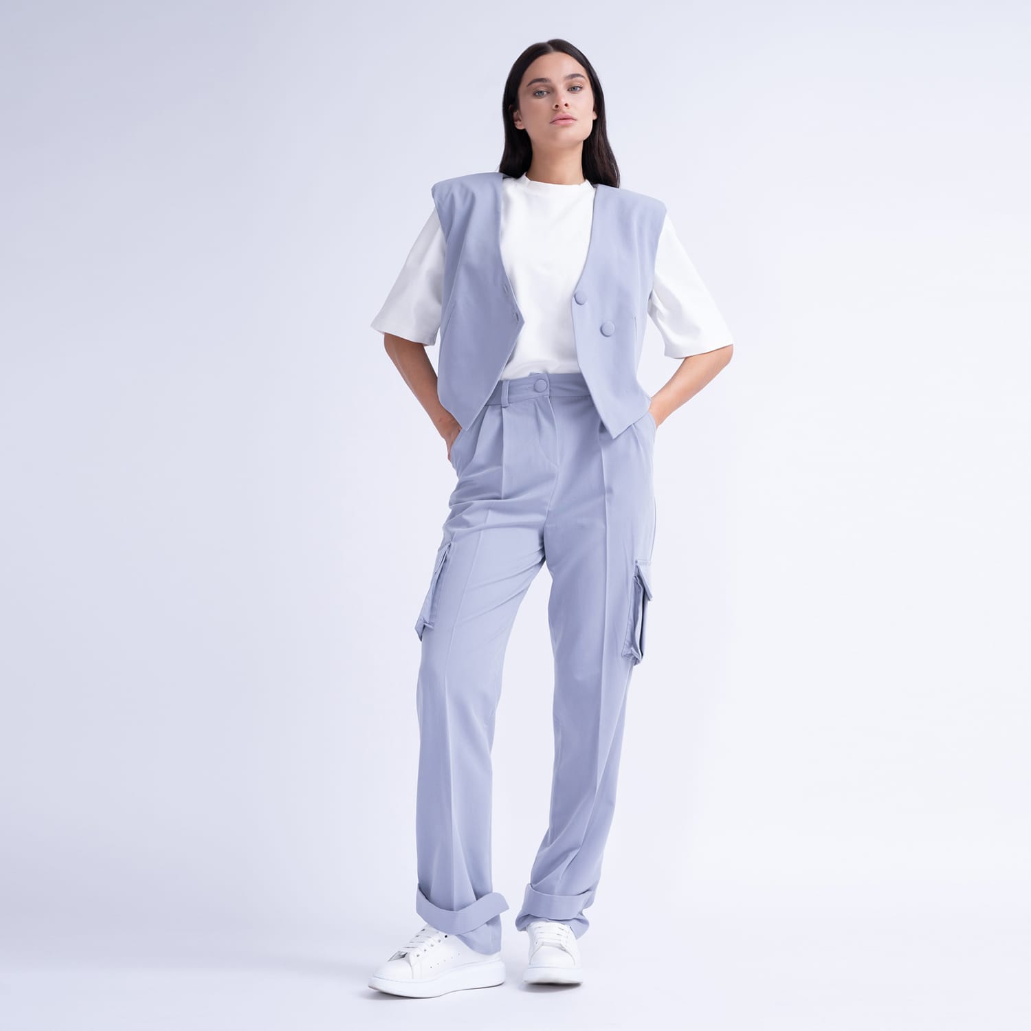 Grey Suit With Asymmetrical Vest And Cargo Pants, BLUZAT