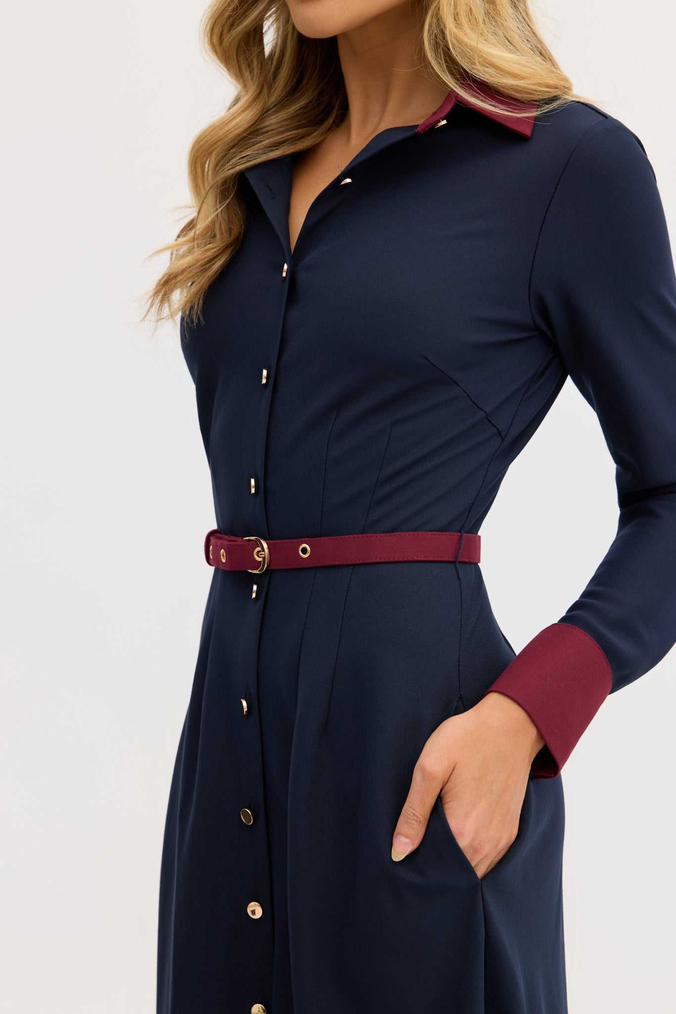 Marion A-Line Classic Midi Dress In Navy & Maroon | Why Mary