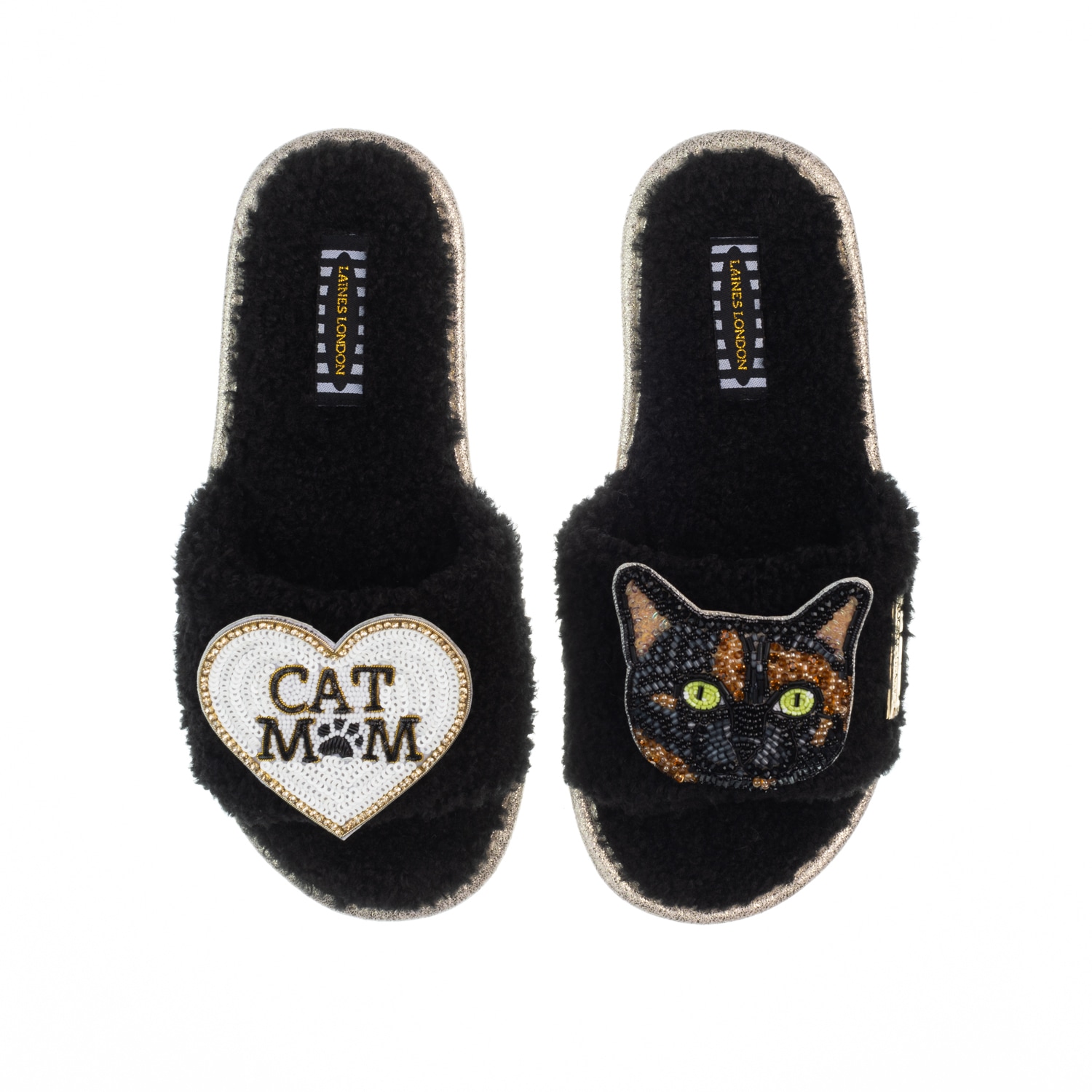 Laines London Women's Teddy Toweling Slippers With Misty Cat & Cat Mom / Mum Brooches - Black In Black