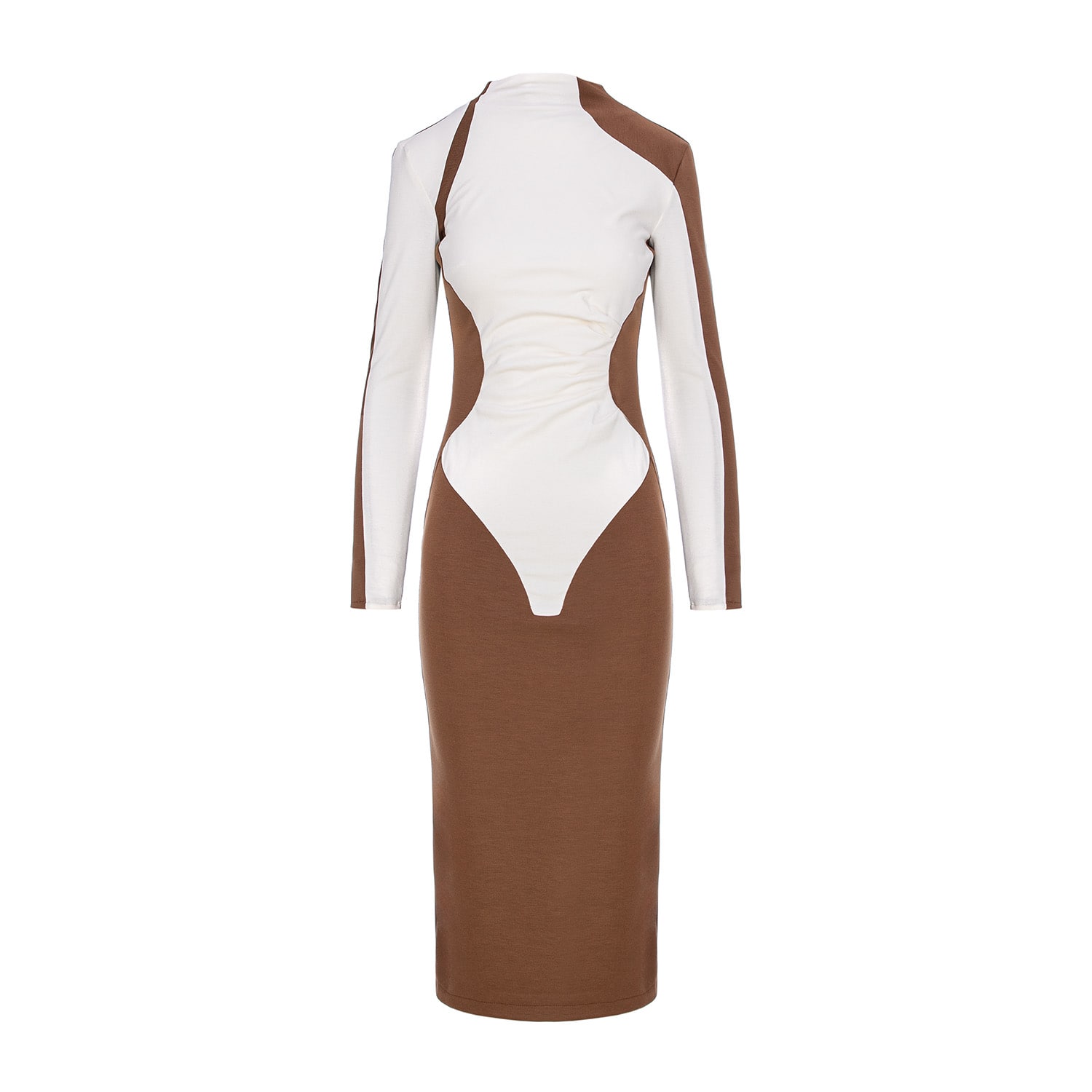 Bluzat Women's Brown Bicolor Bodycon Midi Dress With High Neck