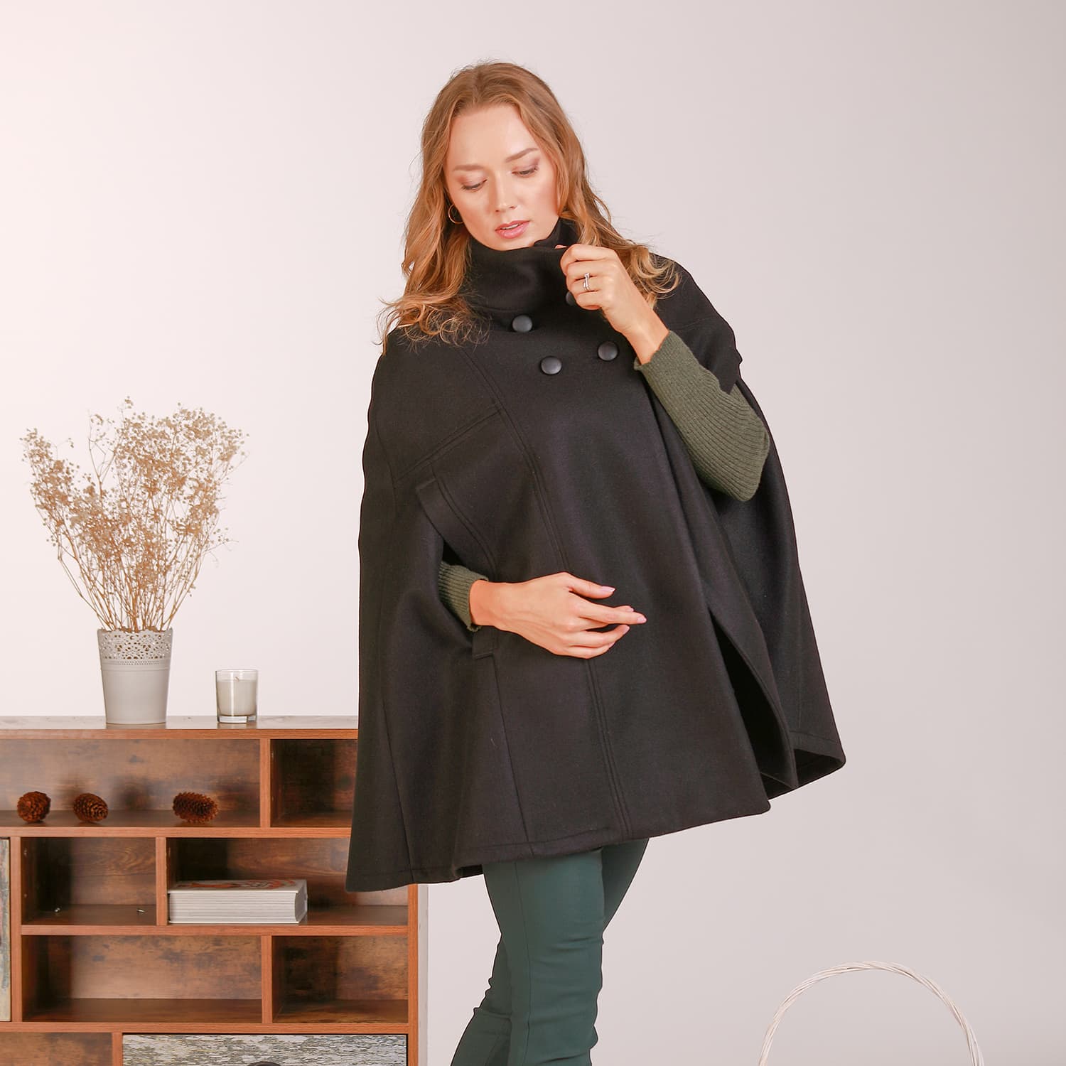 Wool Military Pea Coat With Front Buttons & High Neck In Black 
