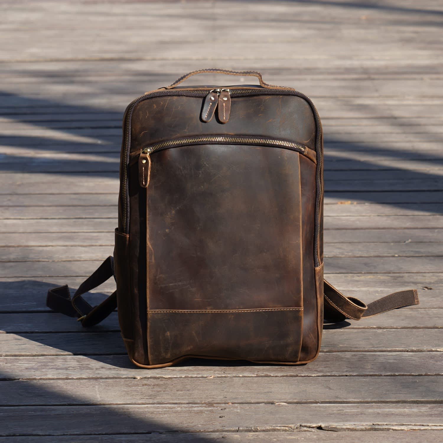 Minimalist Zip Open Leather Backpack Dark Brown Touri Wolf