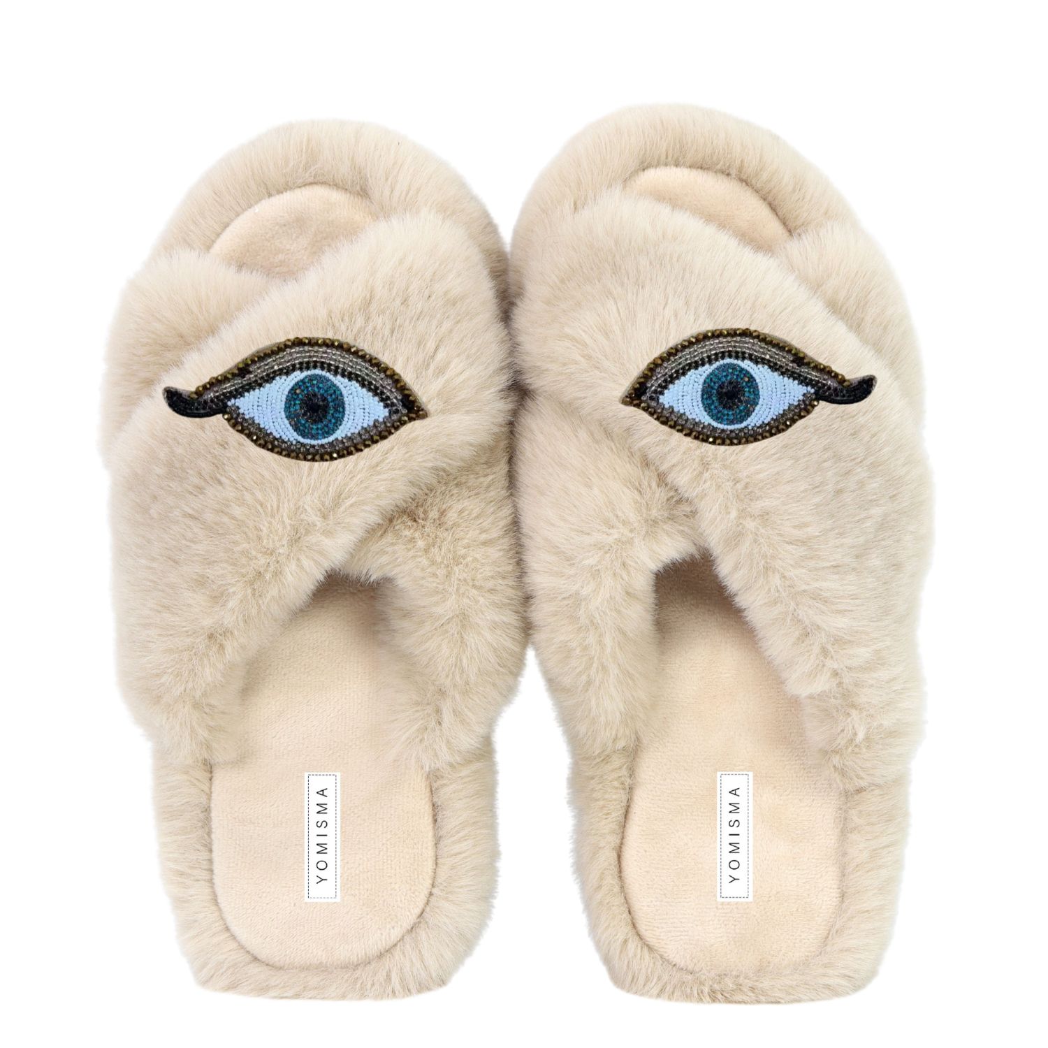 Yomisma Women's Neutrals Faux Fur Slippers - Global Recycled Standard Certified With Evil Eye Embellishment In Beige