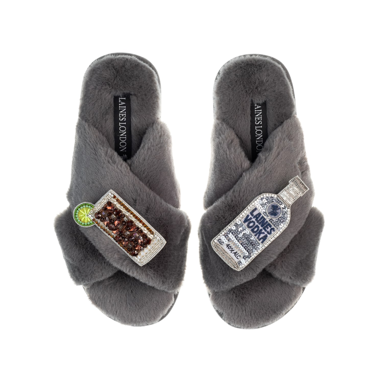 Women’s Classic Laines Slippers With Vodka & Coke Brooches - Grey Large Laines London