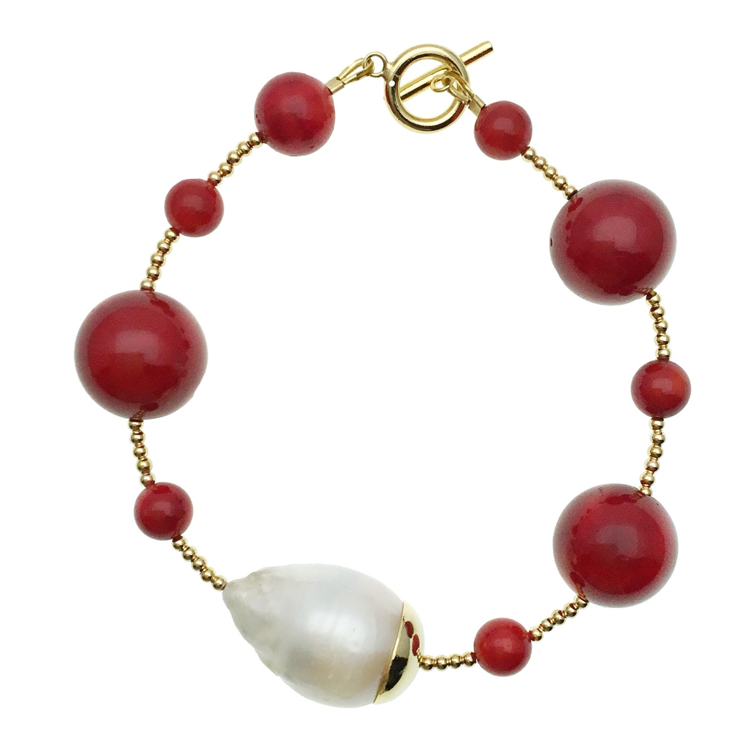 Farra Women's White / Red Red Corals With Baroque Pearl Bracelet
