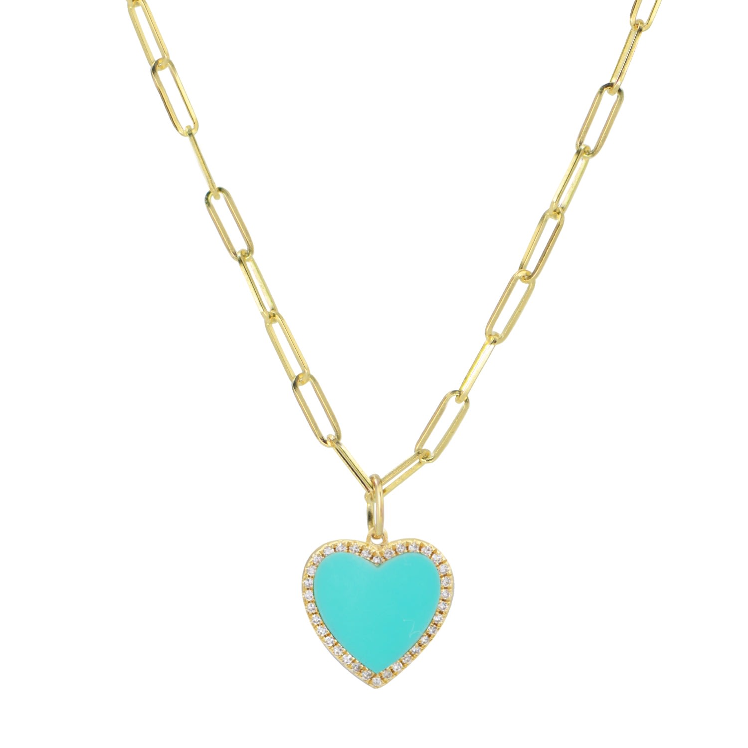 Kamaria Women's Blue Turquoise Heart Necklace With Diamonds On Paperclip Link Chain