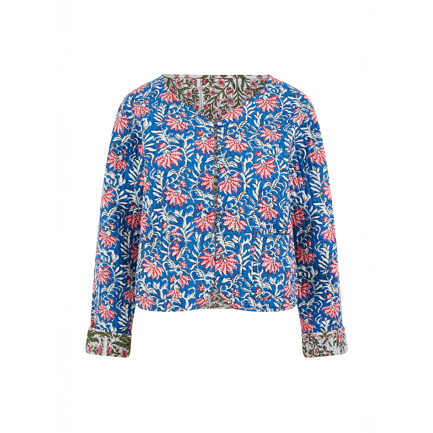 Yumi Women's  Blue Floral Reversible Cotton Quilted Jacket