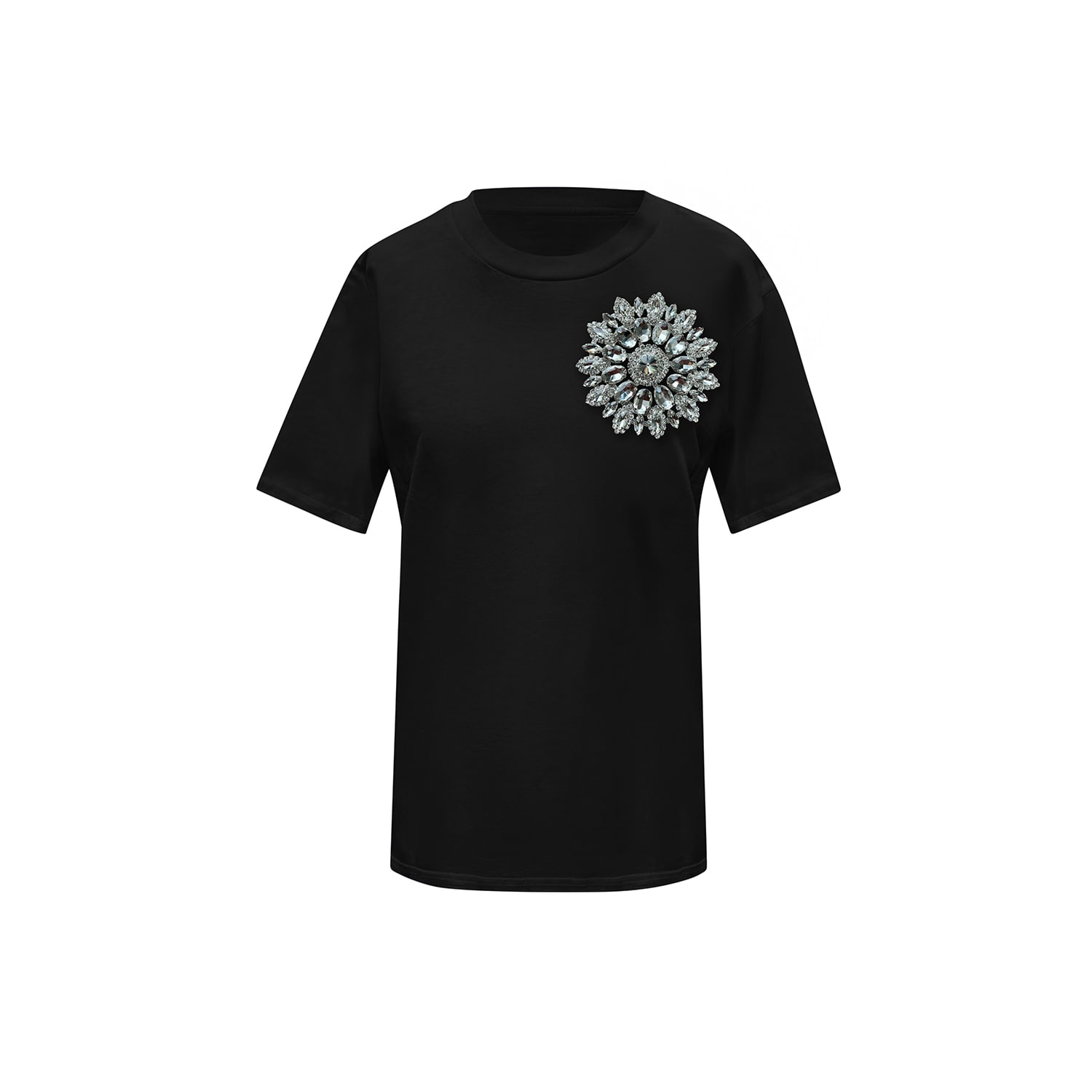 Toma Women's Black / Silver Flower Summer Black Cotton T-shirt With Silver Swarovski Crystals In Multi