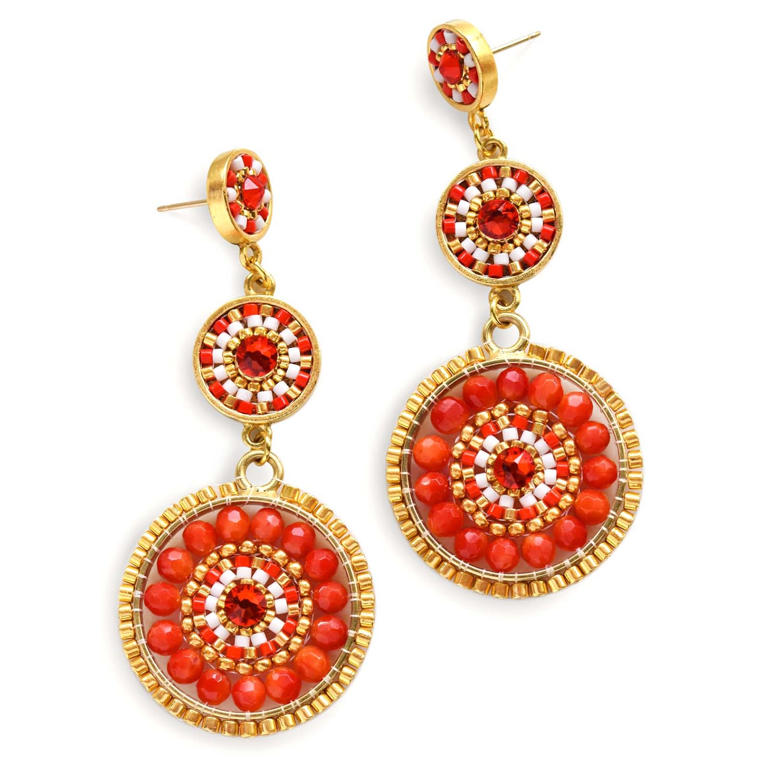 Eden + Elie Women's White / Red Luxe Triple Circle Statement Drop Earrings - Bamboo Coral In Multi