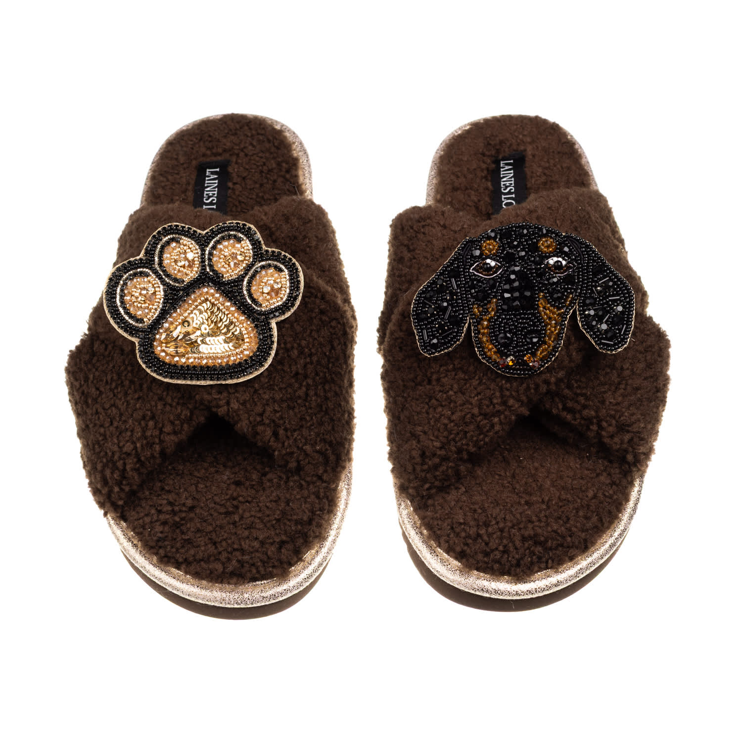 Laines London Women's Brown / Neutrals Laines Neutral Boucle Slippers With Little Sausage & Paw Brooches - Chocola