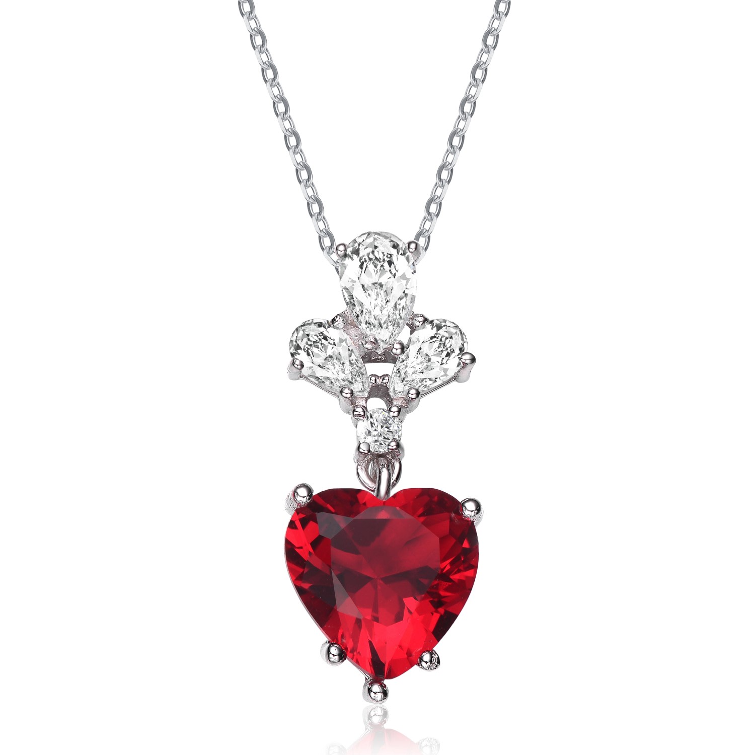 Genevive Jewelry Women's White / Red / Silver Sterling Silver Red Cubic Zirconia Heart Pendant Necklace