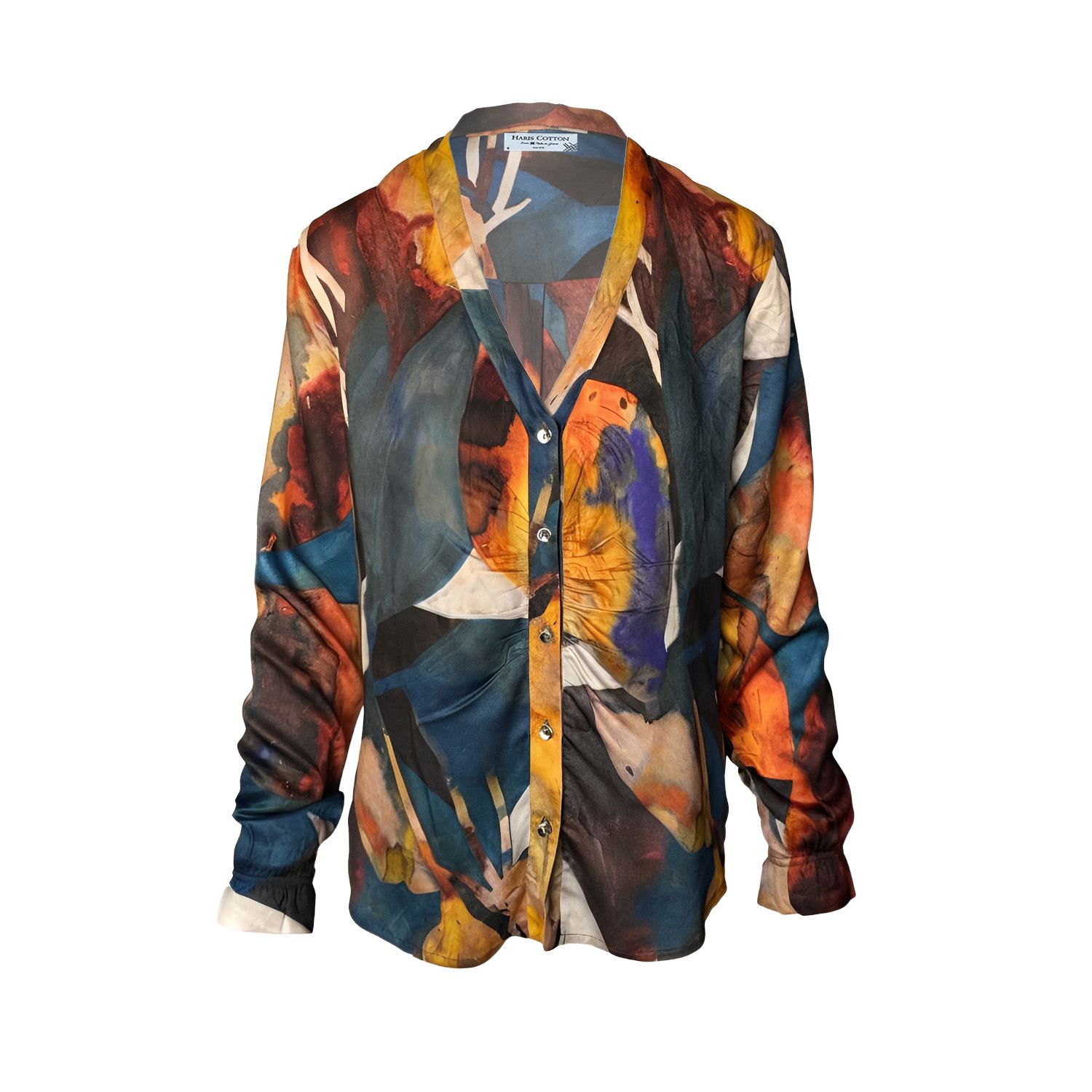 Haris Cotton Women's Orange / Blue Printed Satin Blouse With Pleats And Elastic Sleeves In Abstract Pattern Orang In Multi